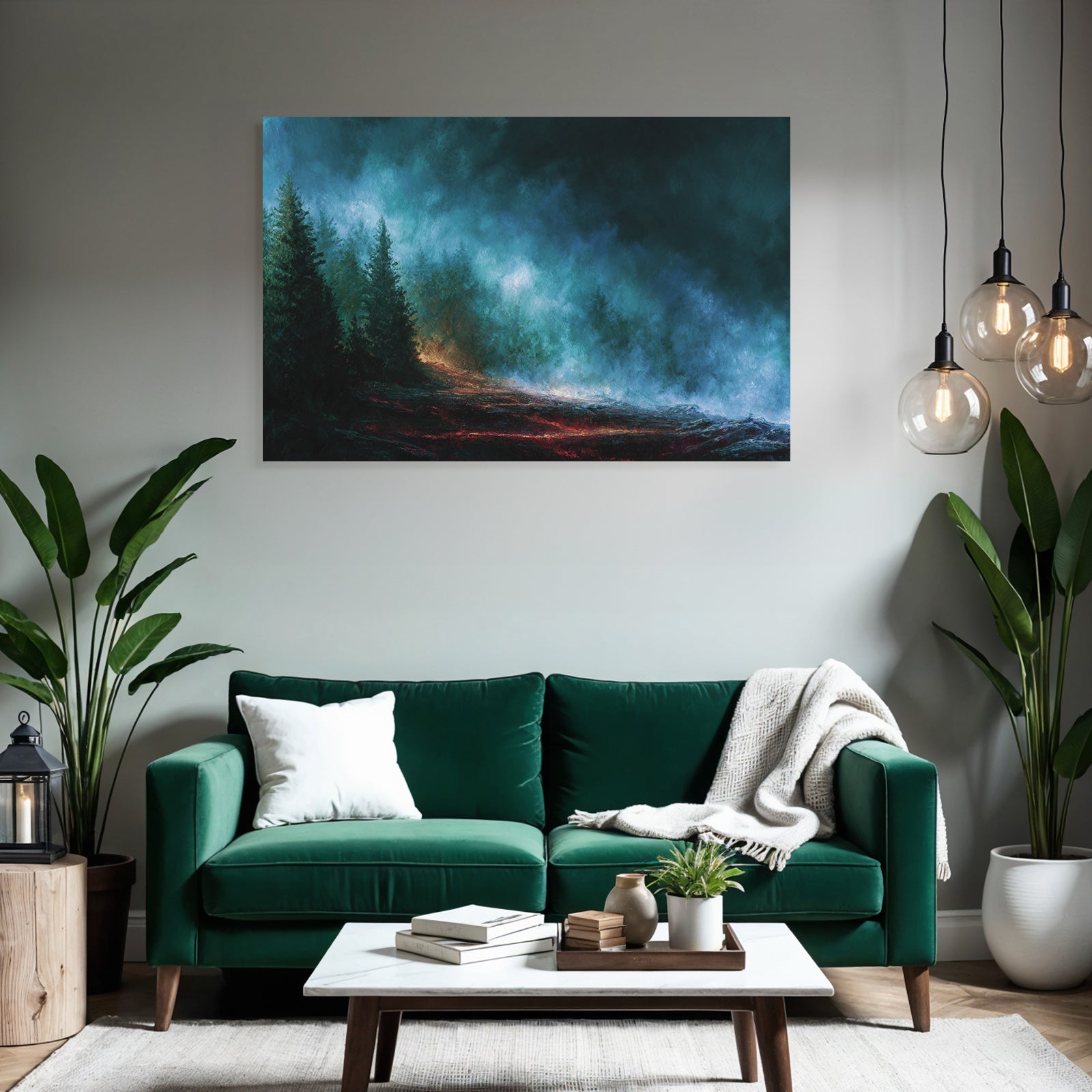 Mystische Landschaft Mit Vulkanischem Rotstich Und Tiefblaün Nebeln