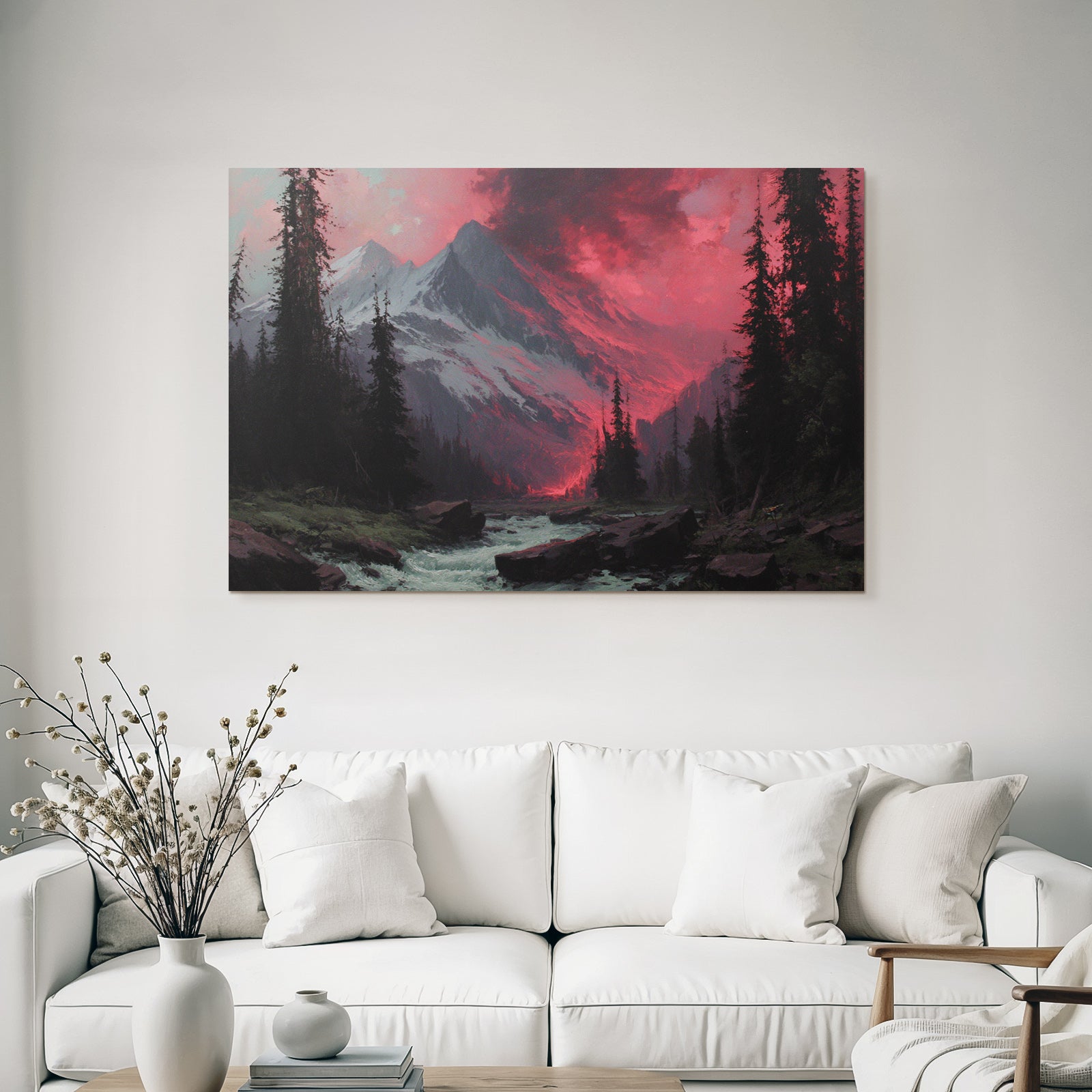 Romantische Landschaft Mit Bergen Und Wald Im Abendrot