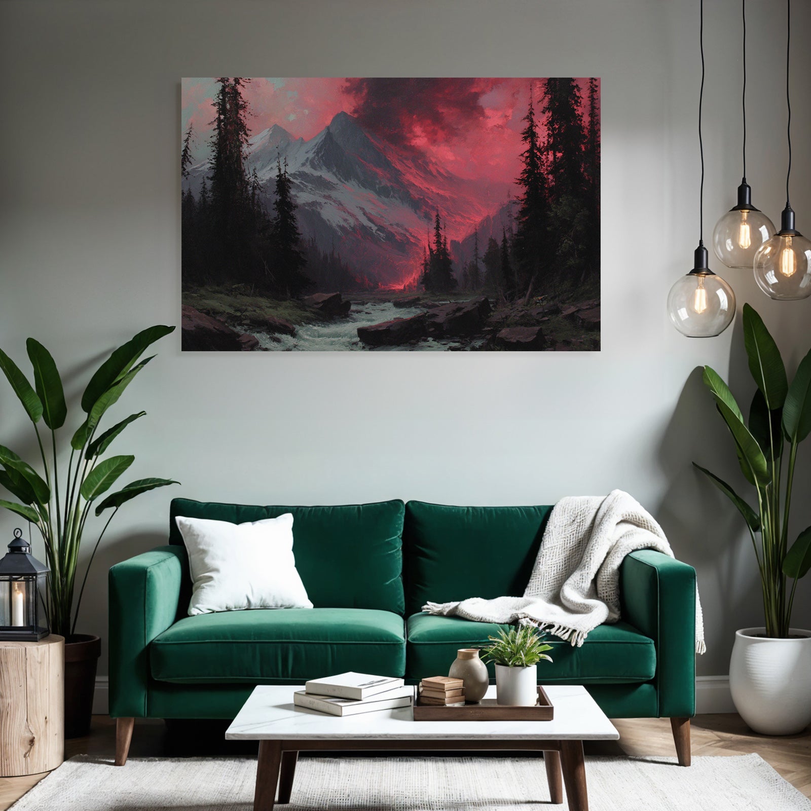 Romantische Landschaft Mit Bergen Und Wald Im Abendrot