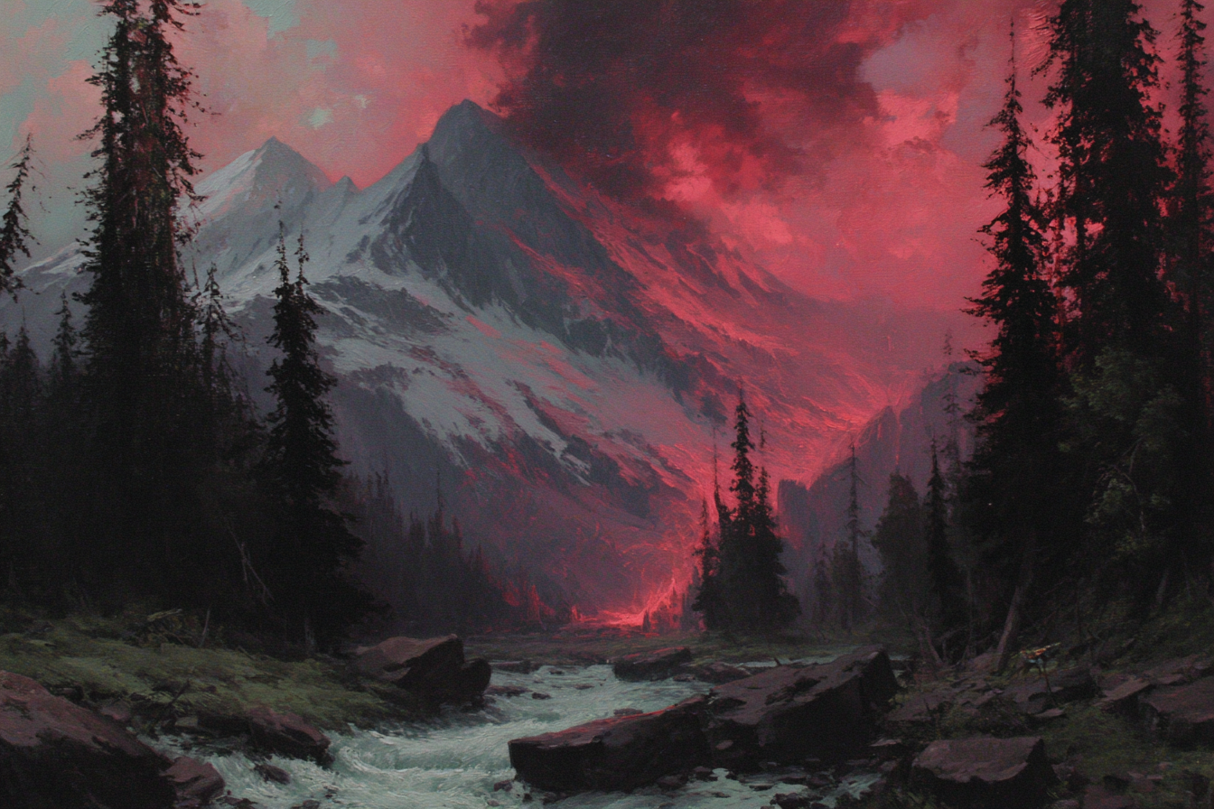 Romantische Landschaft Mit Bergen Und Wald Im Abendrot | Feuer und Vulkane | Natur
