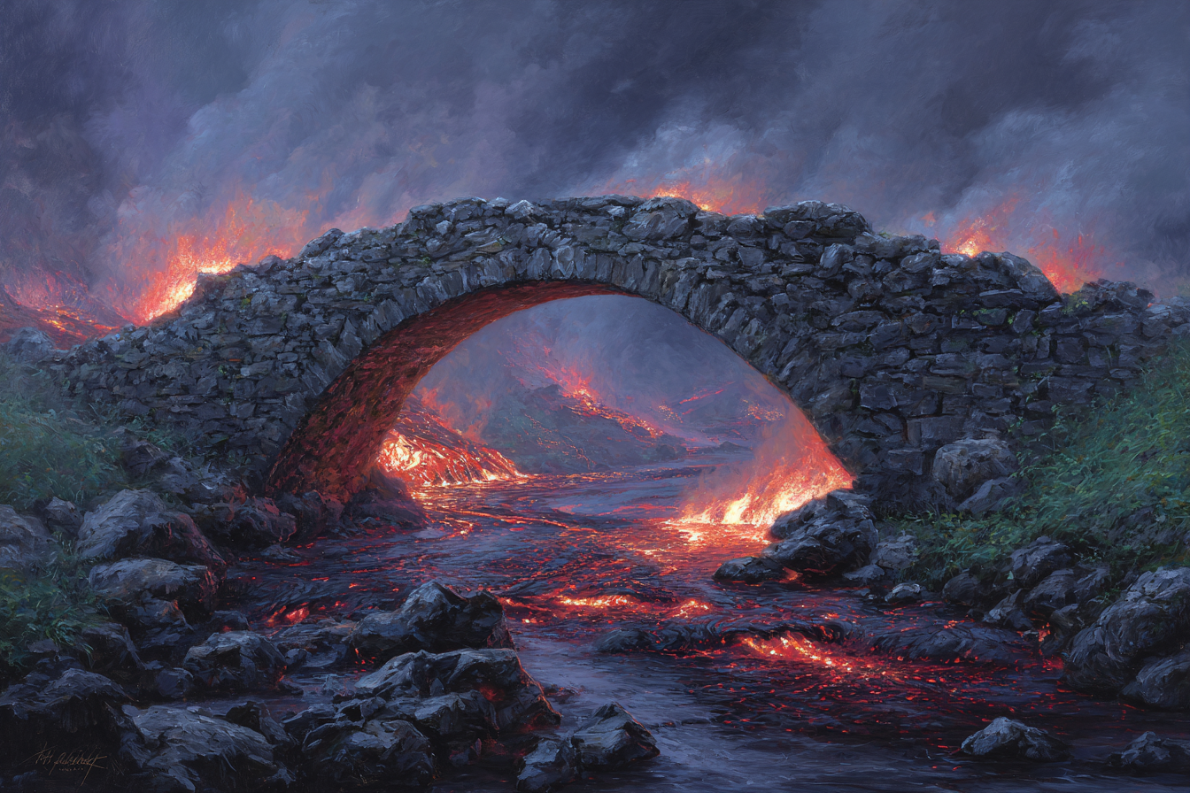 Steinbogenbrücke Über Lavastrom Vor Dramatischem Schwarzem Himmel | Feuer und Vulkane | Natur