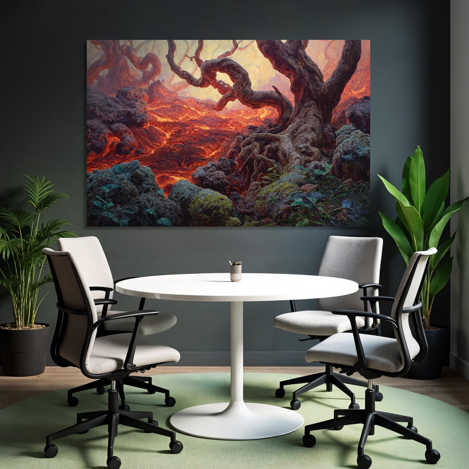 Surreale Landschaft Mit Verdrehten Baumwurzeln Und Fliessender Lava