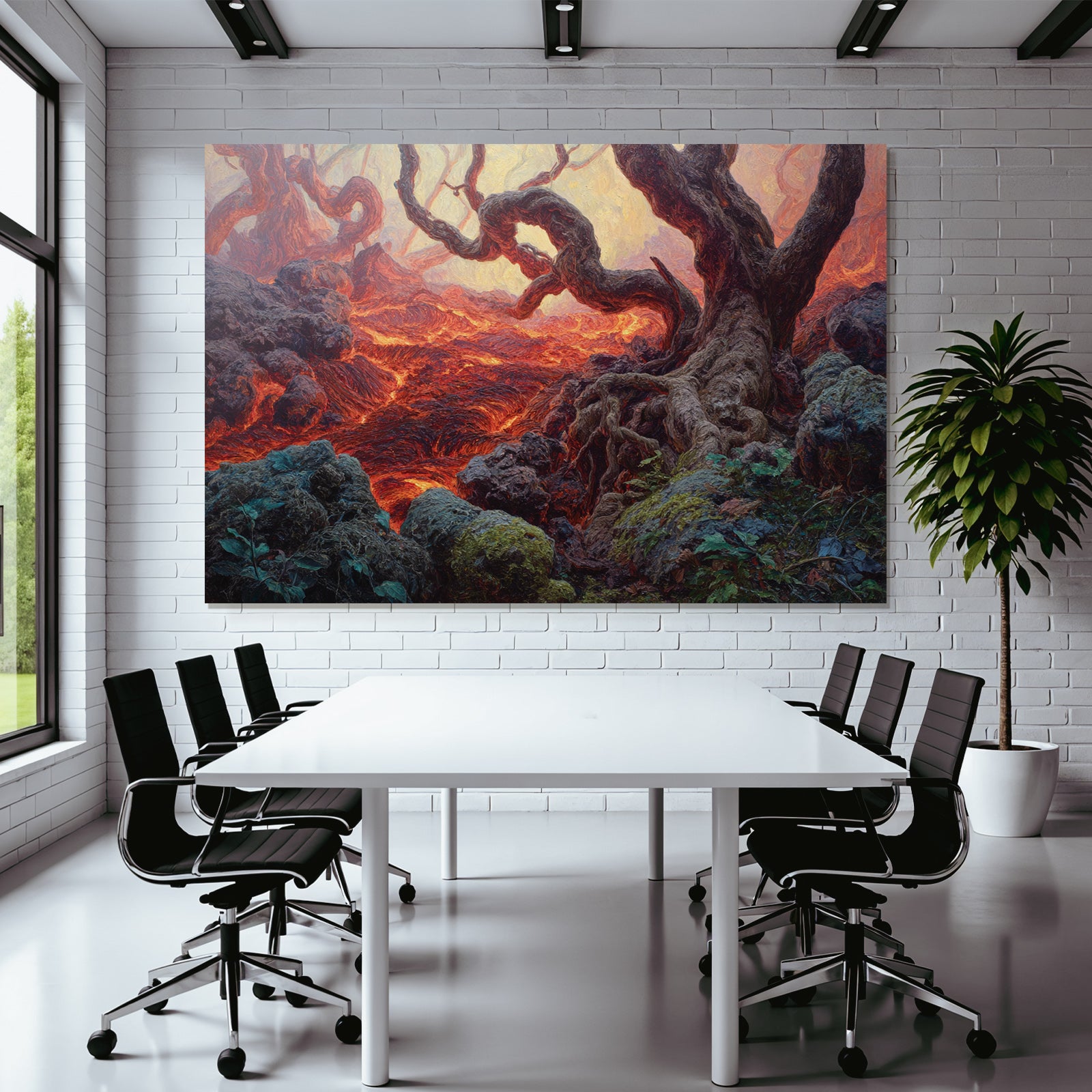 Surreale Landschaft Mit Verdrehten Baumwurzeln Und Fliessender Lava