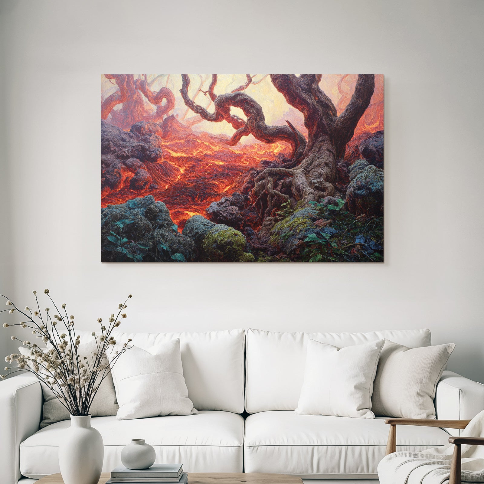 Surreale Landschaft Mit Verdrehten Baumwurzeln Und Fliessender Lava