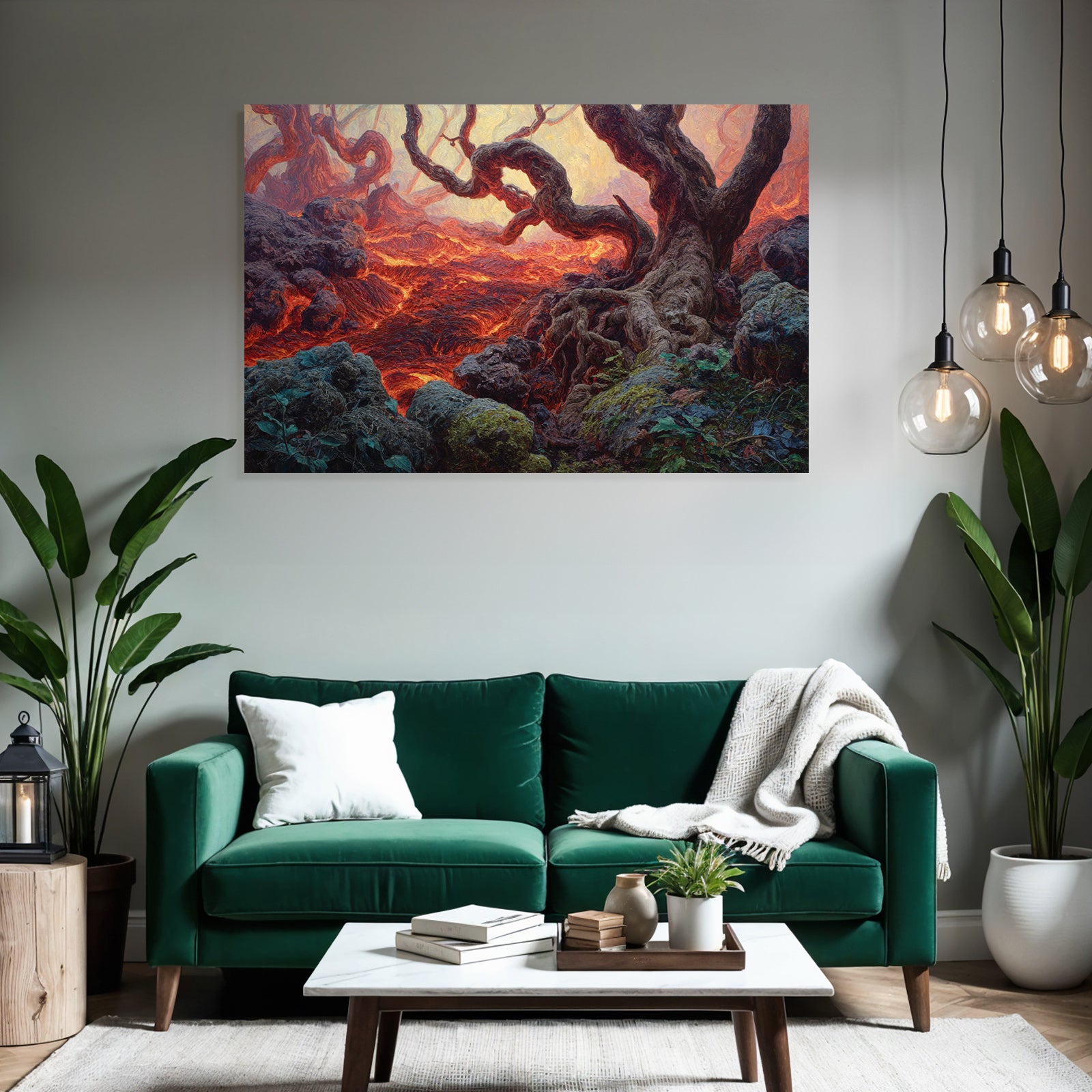 Surreale Landschaft Mit Verdrehten Baumwurzeln Und Fliessender Lava