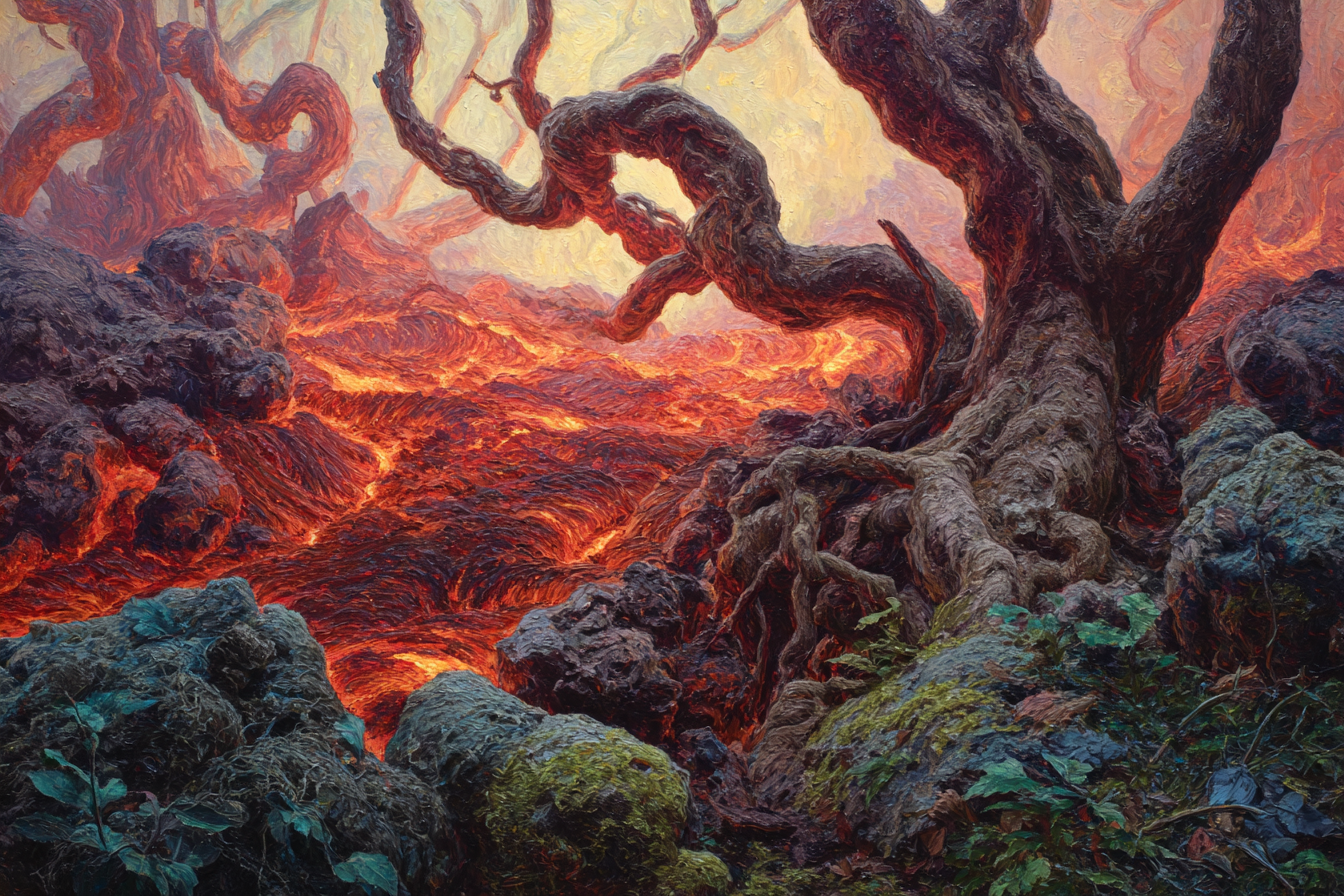 Surreale Landschaft Mit Verdrehten Baumwurzeln Und Fliessender Lava | Feuer und Vulkane | Natur
