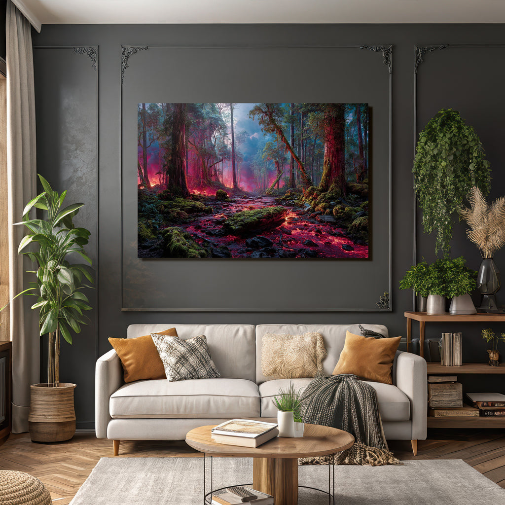 Surreale Waldlandschaft Mit Leuchtenden Lavaströmen