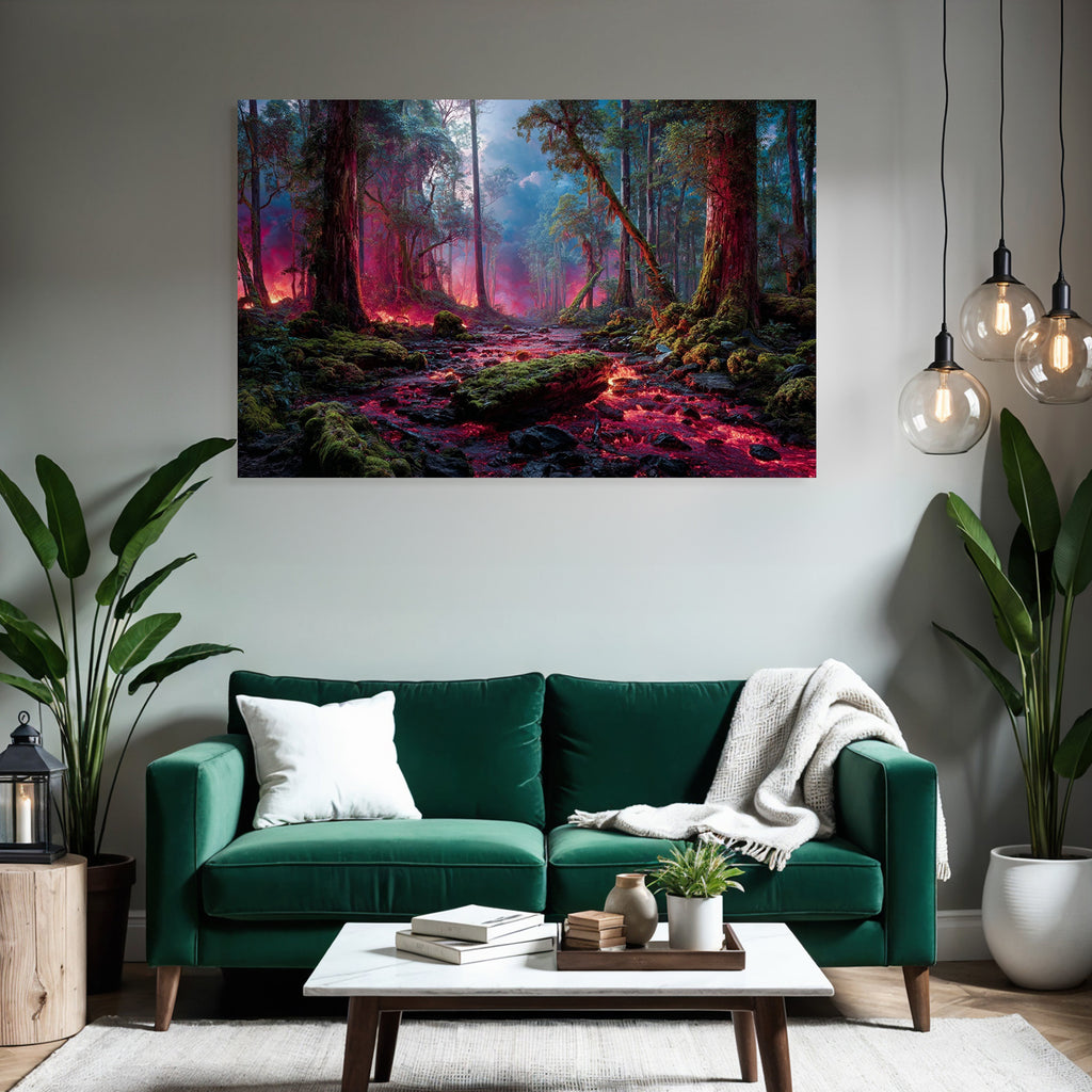 Surreale Waldlandschaft Mit Leuchtenden Lavaströmen