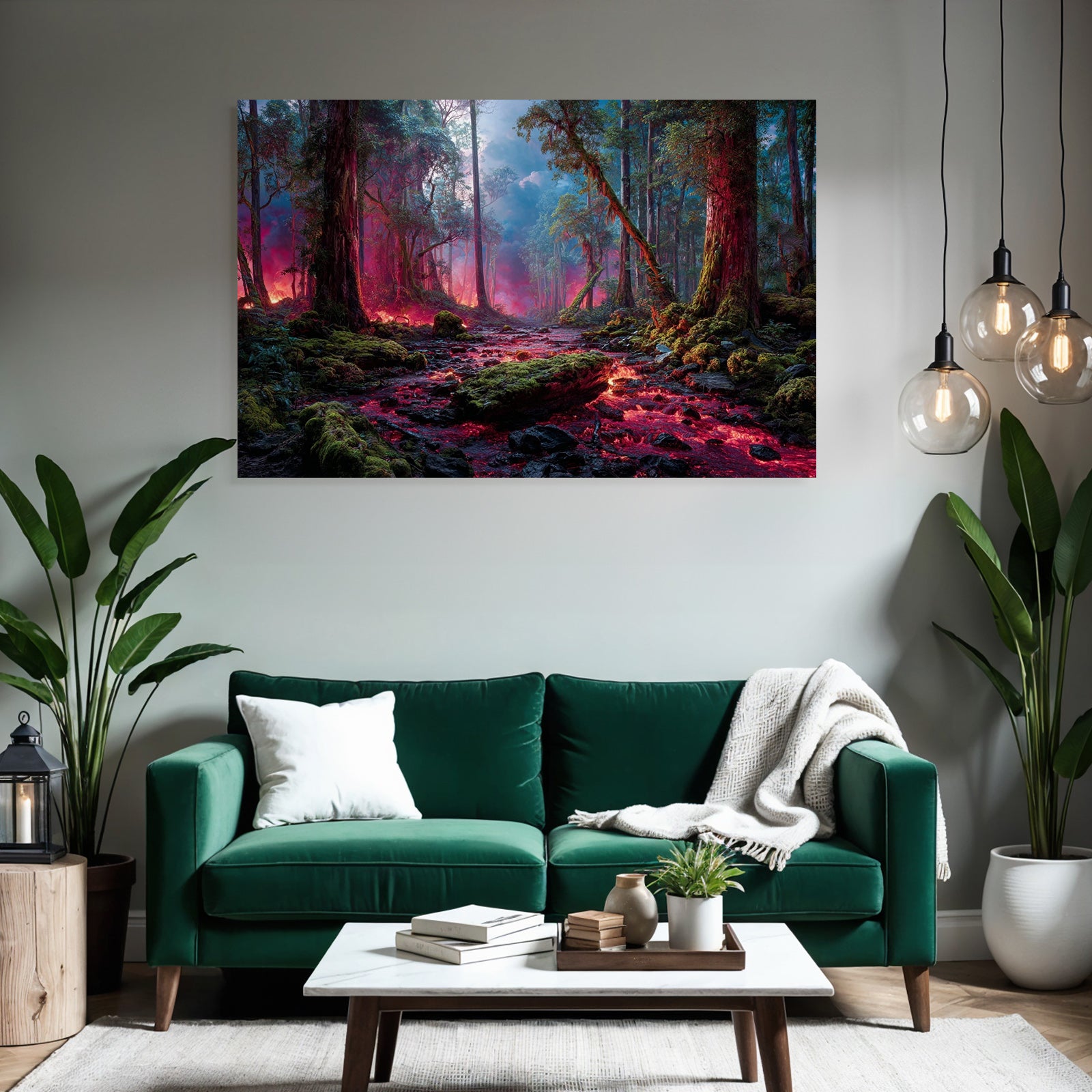 Surreale Waldlandschaft Mit Leuchtenden Lavaströmen