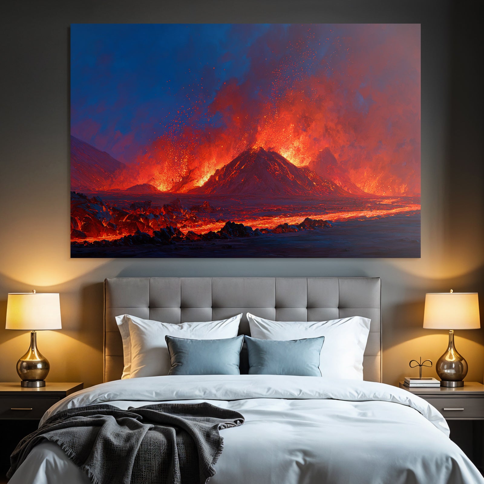Vulkanausbruch Mit Roter Und Orangener Lava Unter Dunklem Himmel