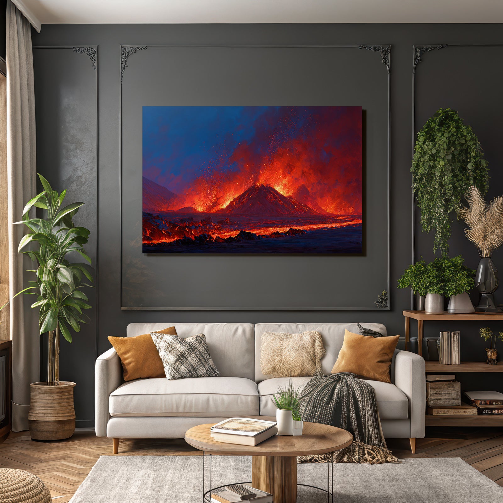 Vulkanausbruch Mit Roter Und Orangener Lava Unter Dunklem Himmel