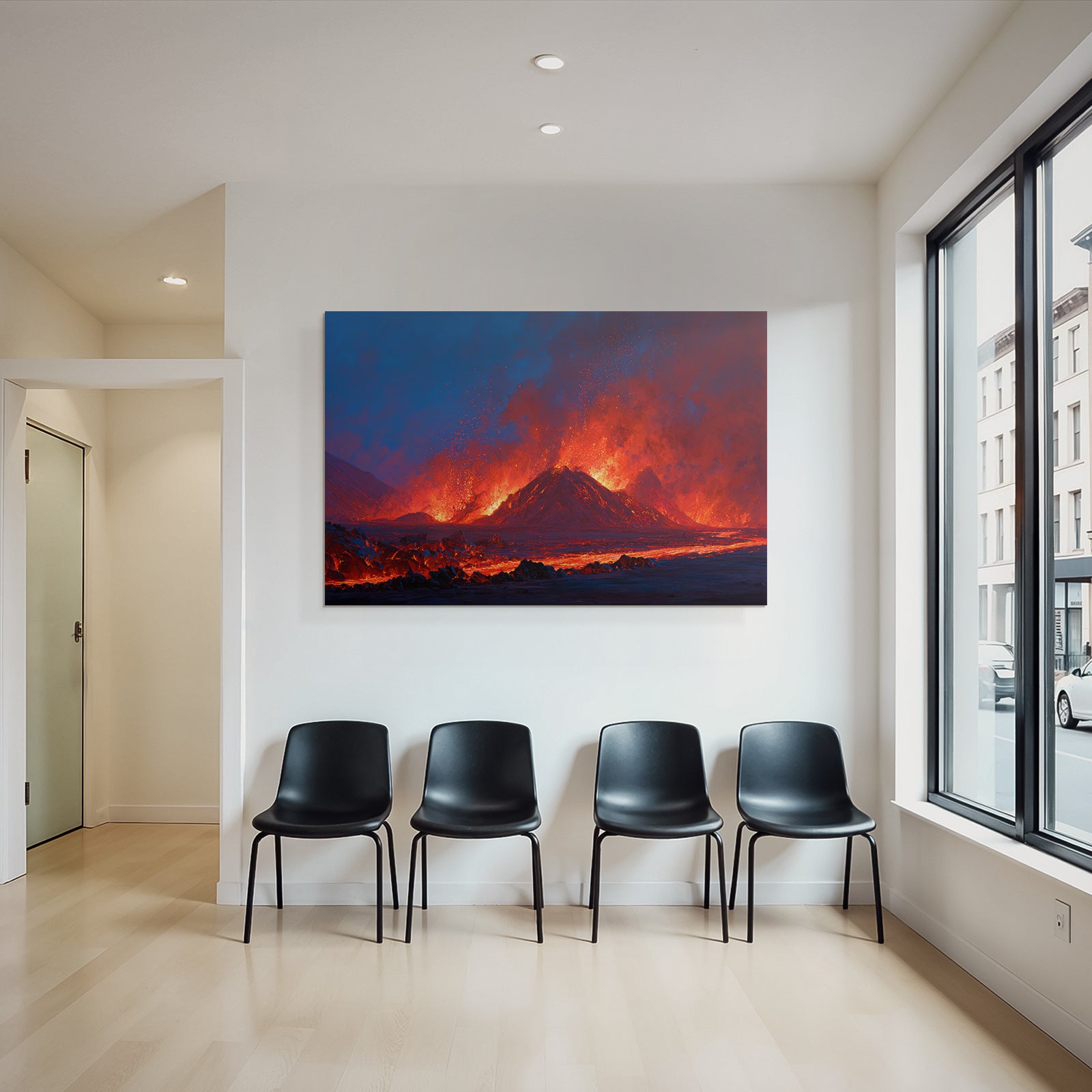 Vulkanausbruch Mit Roter Und Orangener Lava Unter Dunklem Himmel