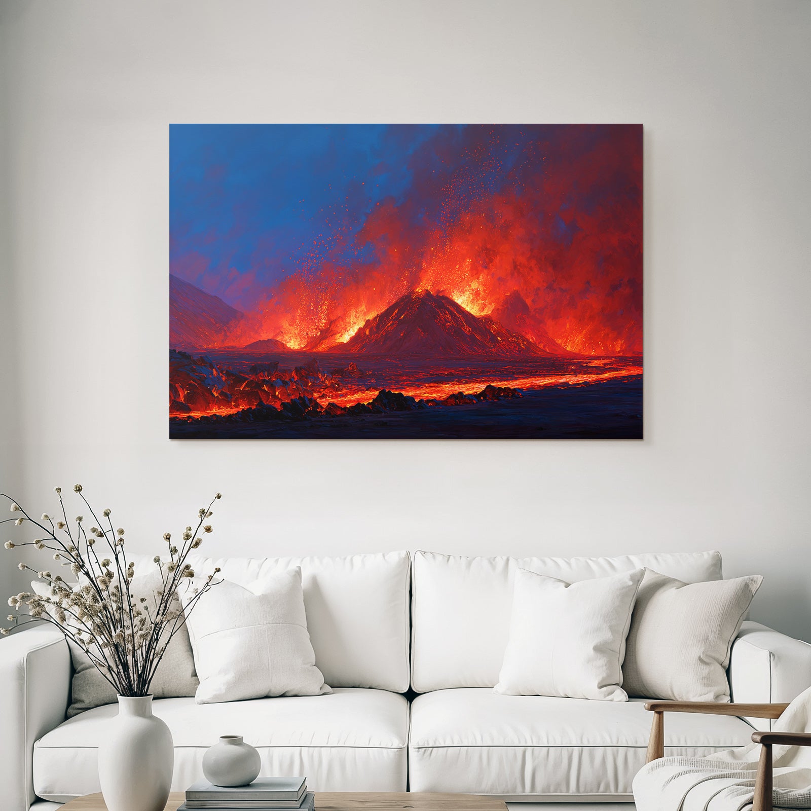 Vulkanausbruch Mit Roter Und Orangener Lava Unter Dunklem Himmel