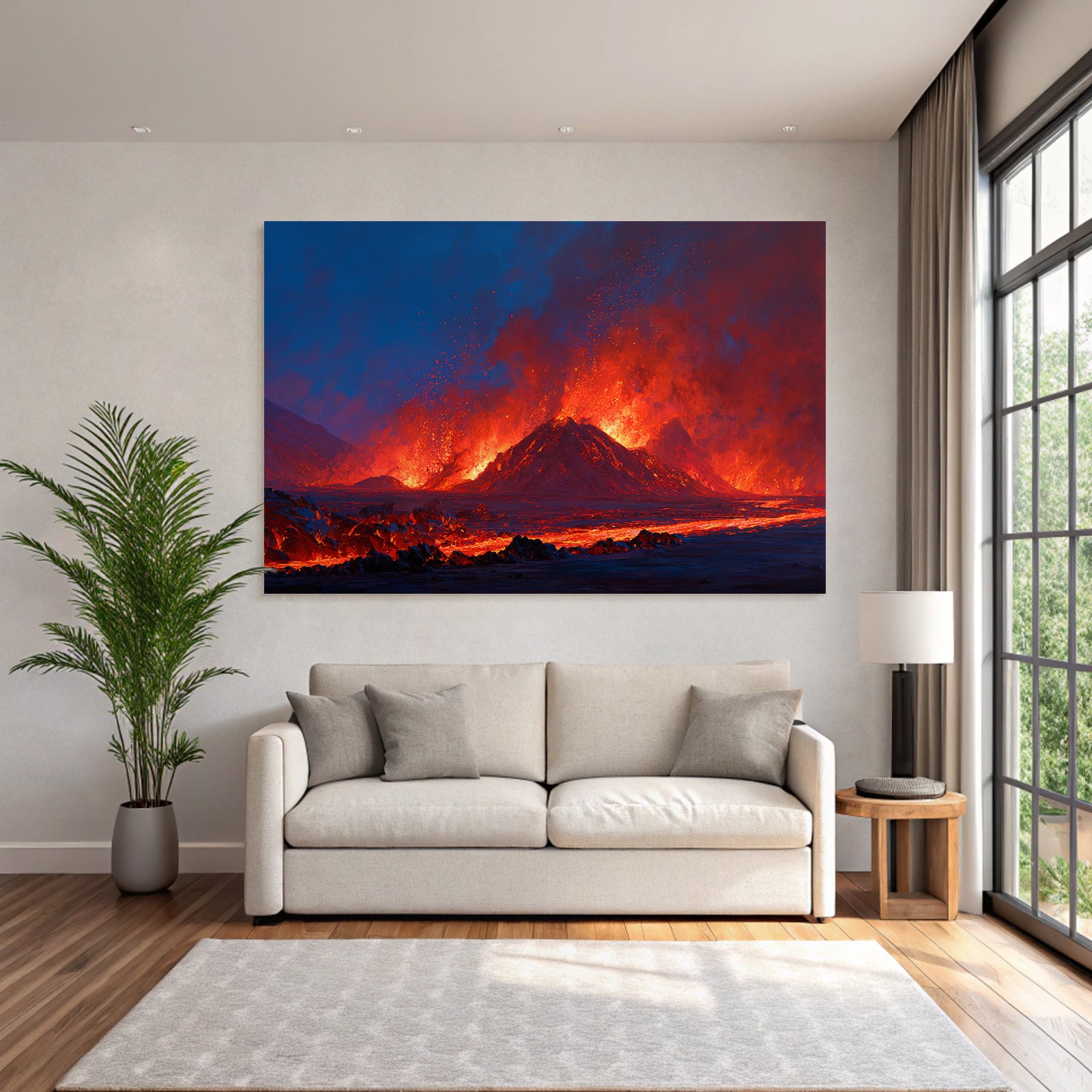 Vulkanausbruch Mit Roter Und Orangener Lava Unter Dunklem Himmel
