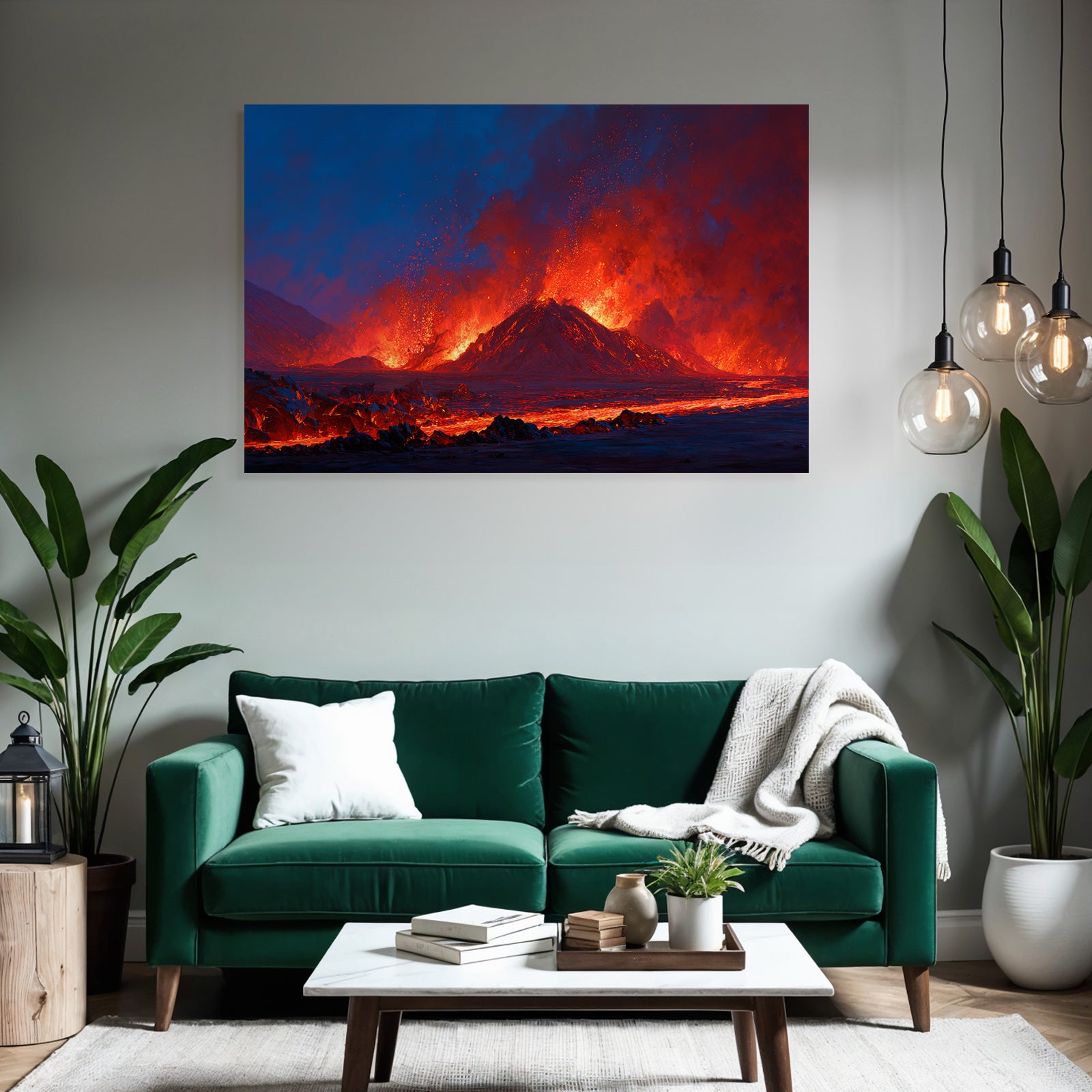 Vulkanausbruch Mit Roter Und Orangener Lava Unter Dunklem Himmel