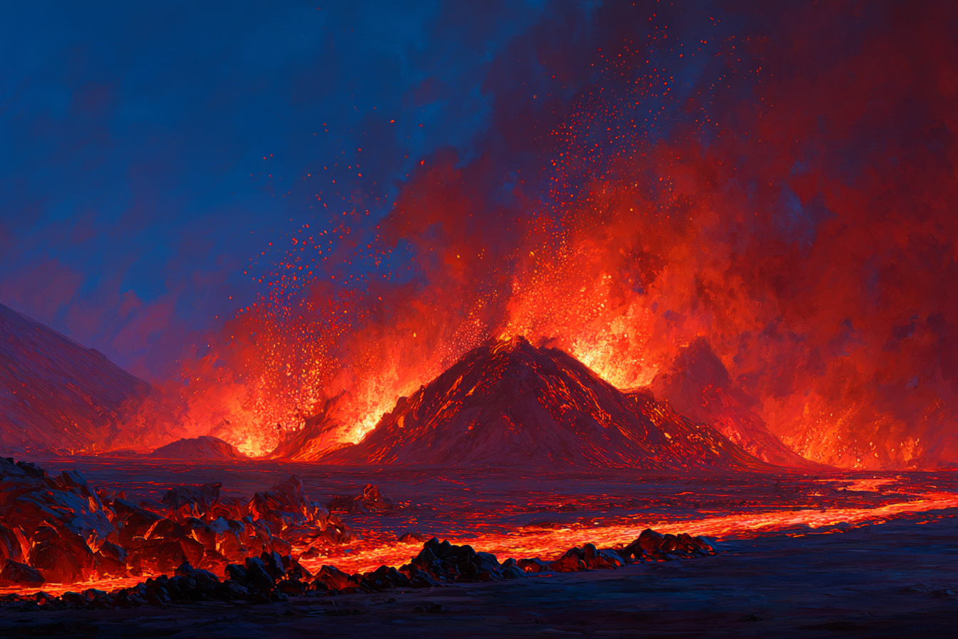 Vulkanausbruch Mit Roter Und Orangener Lava Unter Dunklem Himmel | Feuer und Vulkane | Natur
