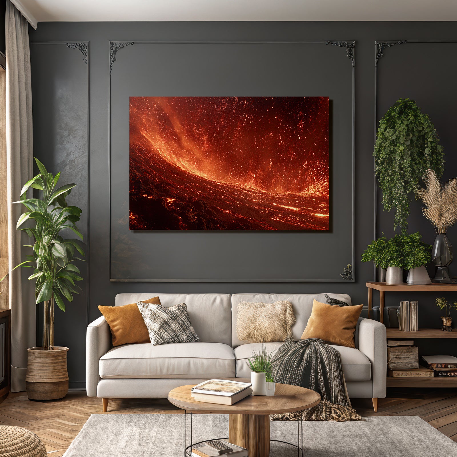 Vulkanlandschaft Mit Fliessender Lava Und Flammenmeer
