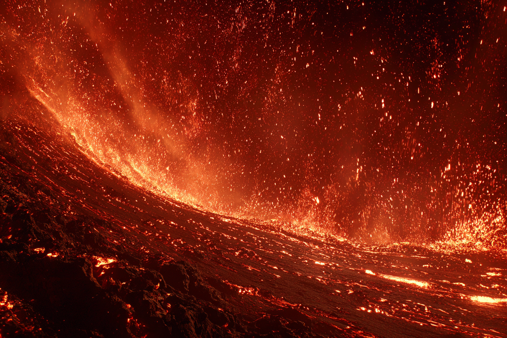 Vulkanlandschaft Mit Fliessender Lava Und Flammenmeer | Feuer und Vulkane | Natur