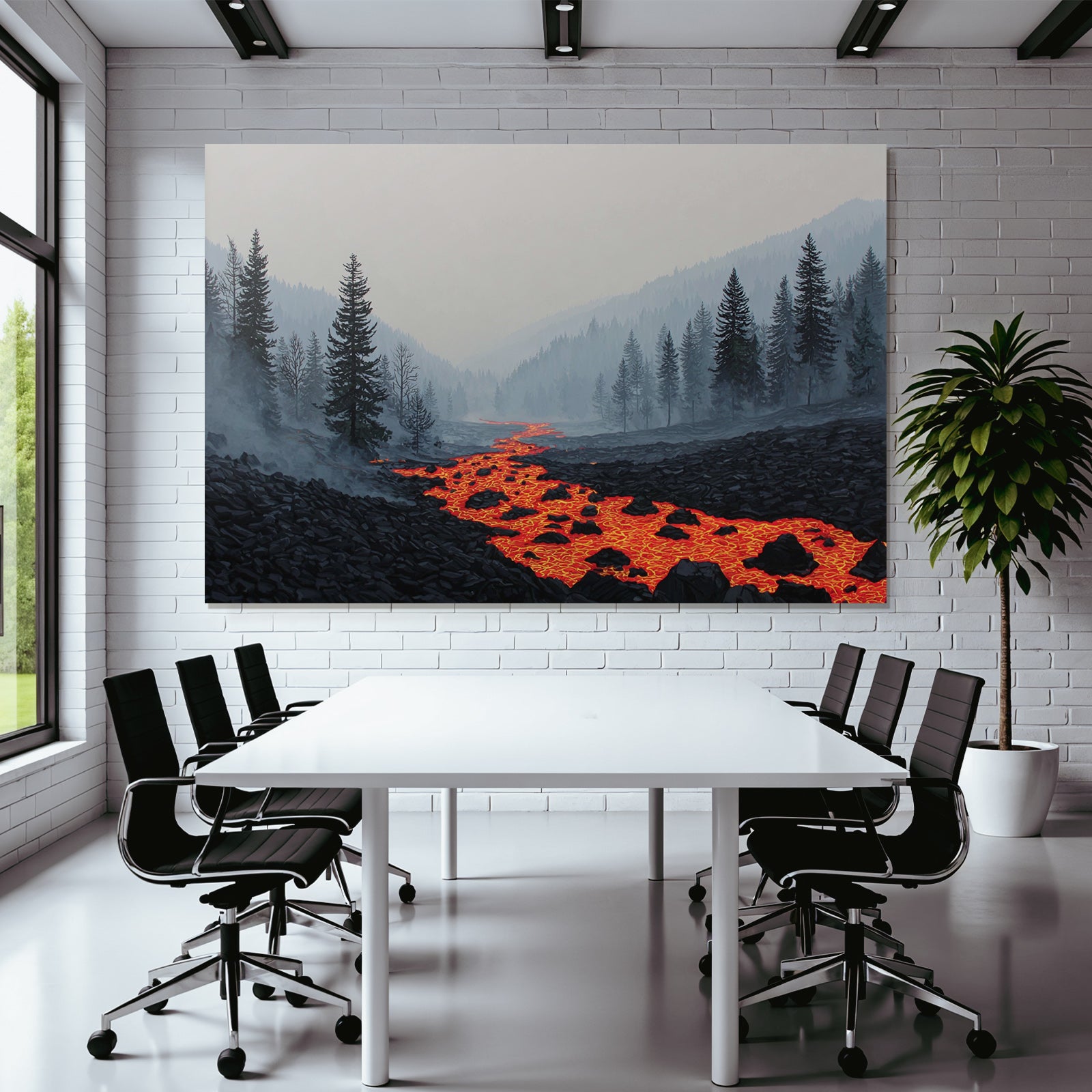 Vulkanlandschaft Mit Lavastrom Und Nadelbäumen