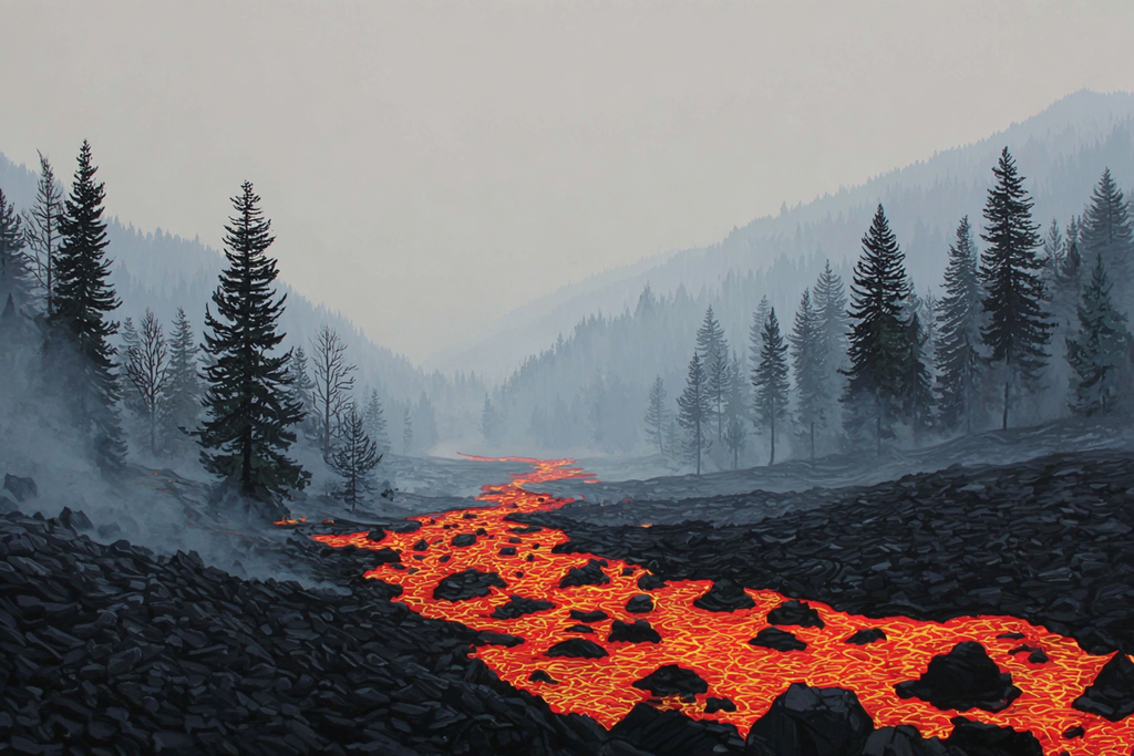 Vulkanlandschaft Mit Lavastrom Und Nadelbäumen | Feuer und Vulkane | Natur