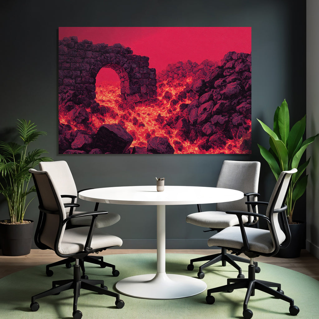 Vulkanlandschaft Mit Steinbogen Und Gluhender Lava