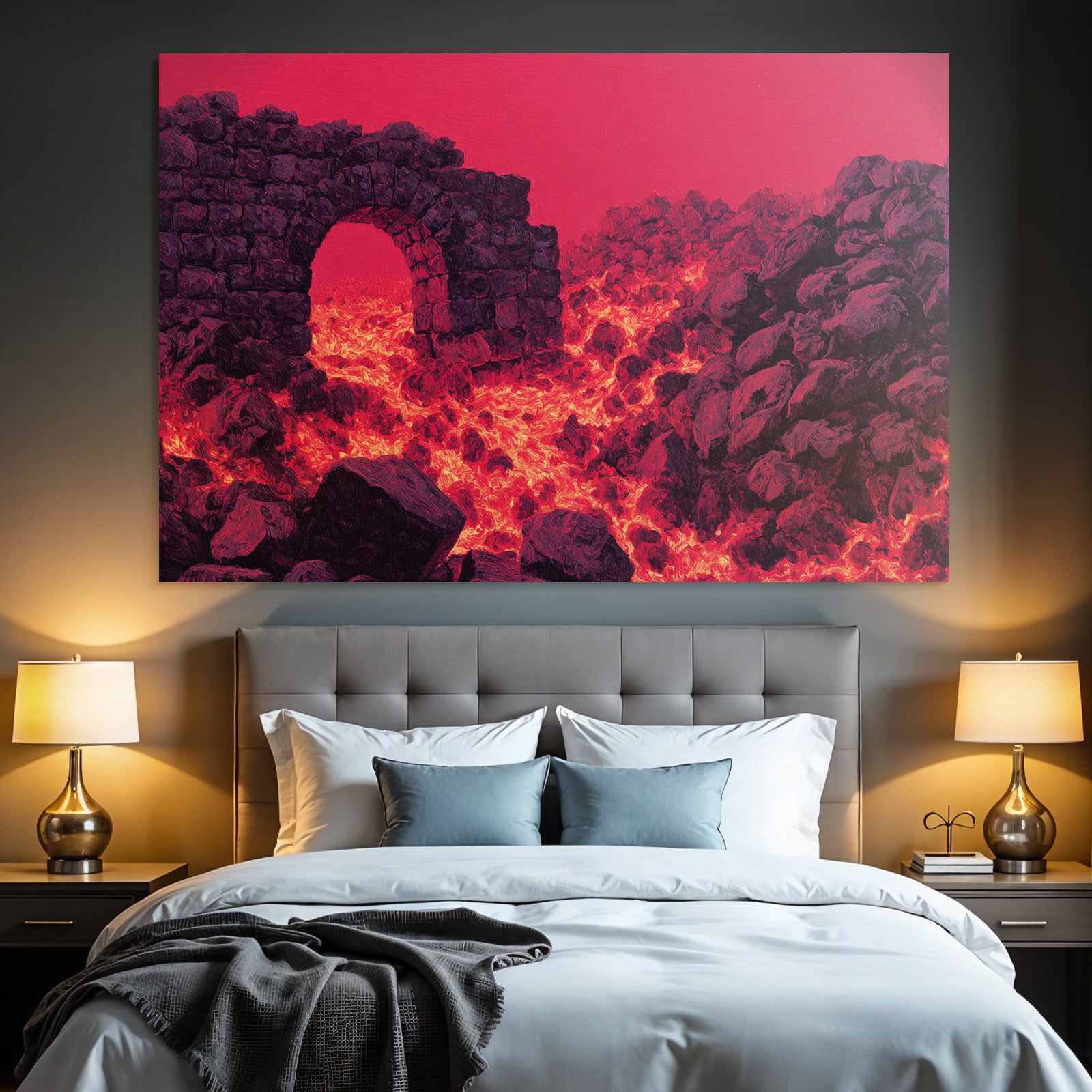 Vulkanlandschaft Mit Steinbogen Und Gluhender Lava