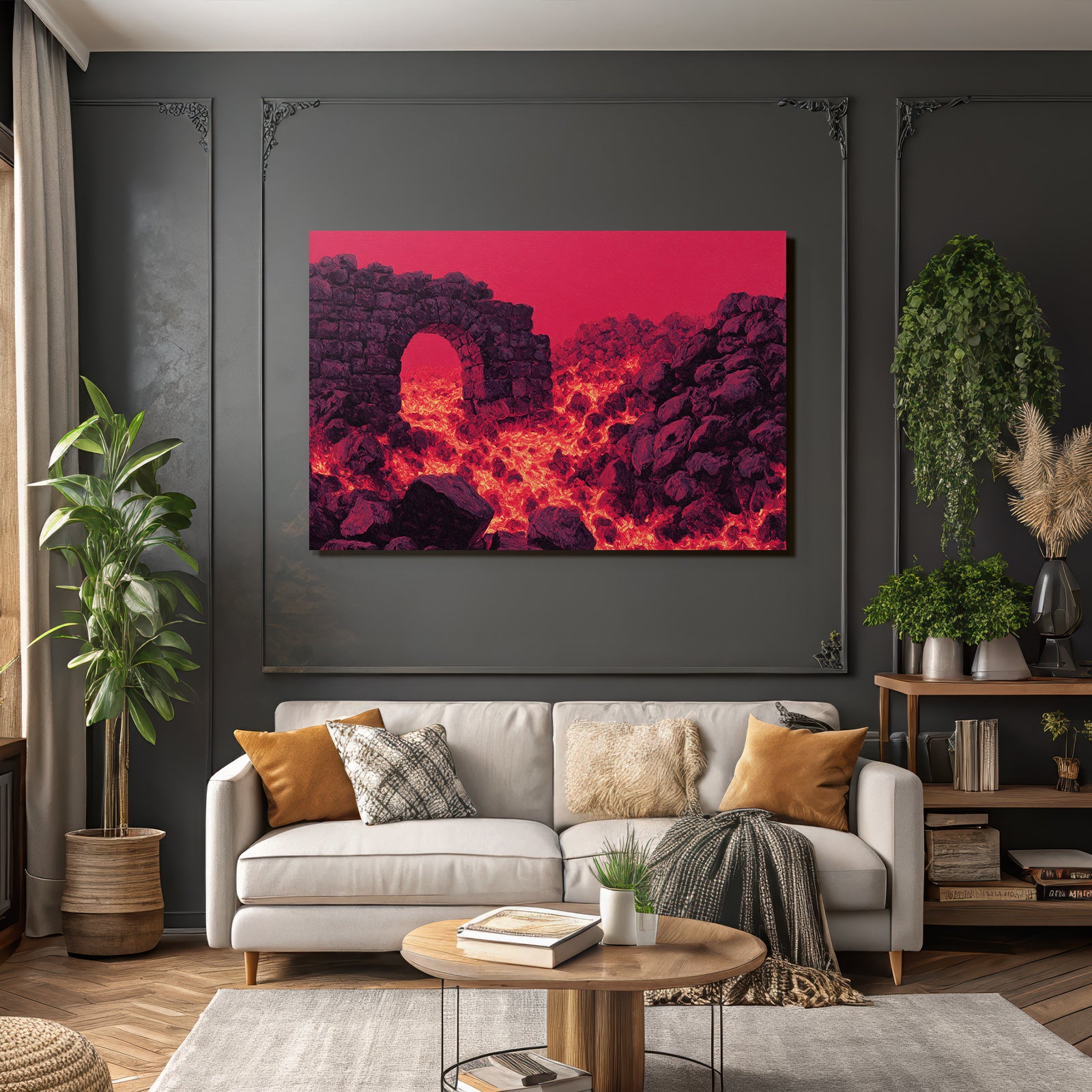 Vulkanlandschaft Mit Steinbogen Und Gluhender Lava