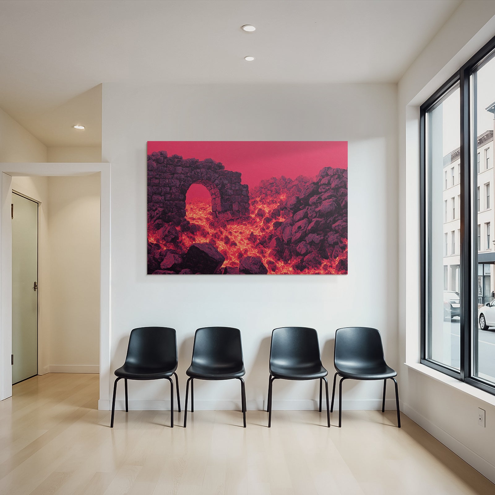Vulkanlandschaft Mit Steinbogen Und Gluhender Lava