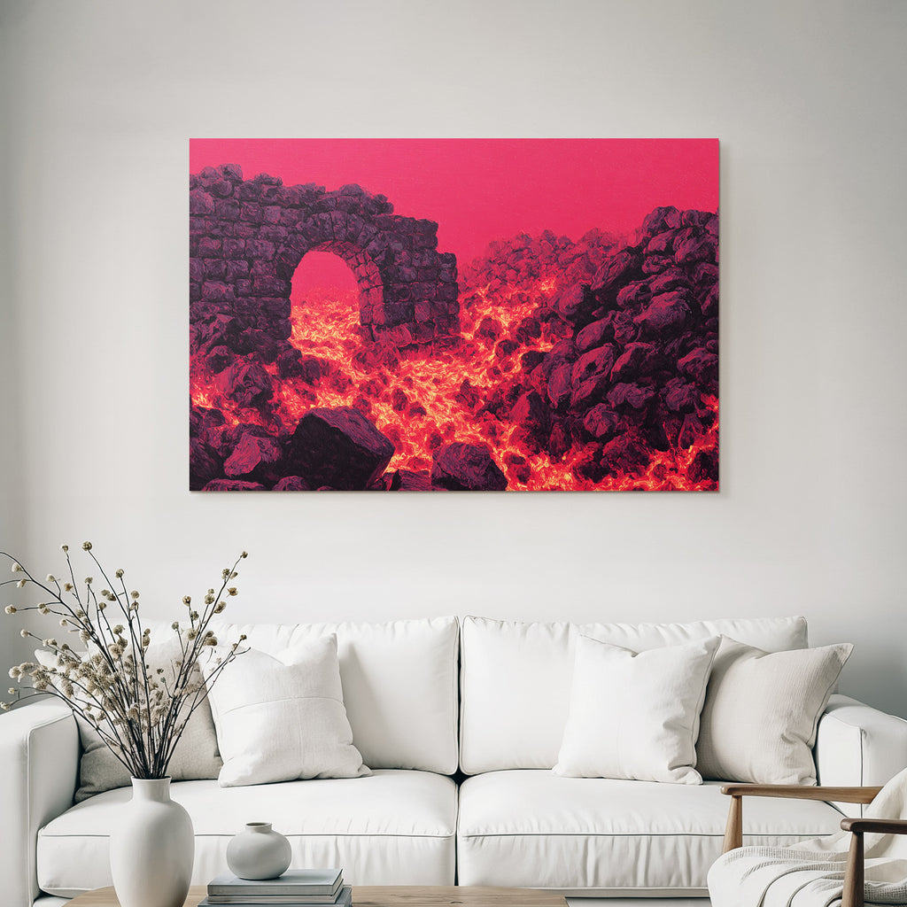 Vulkanlandschaft Mit Steinbogen Und Gluhender Lava