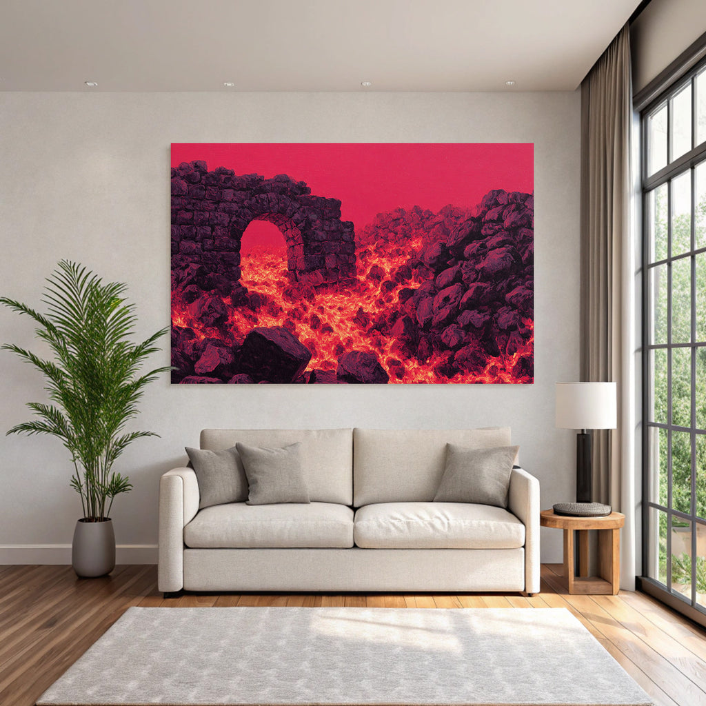 Vulkanlandschaft Mit Steinbogen Und Gluhender Lava