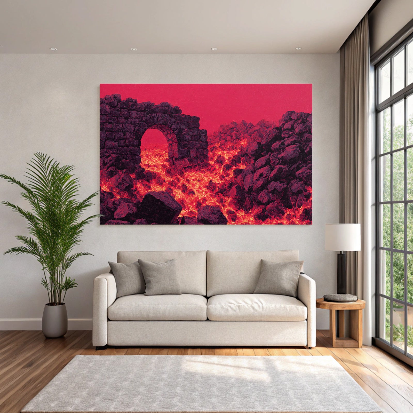 Vulkanlandschaft Mit Steinbogen Und Gluhender Lava