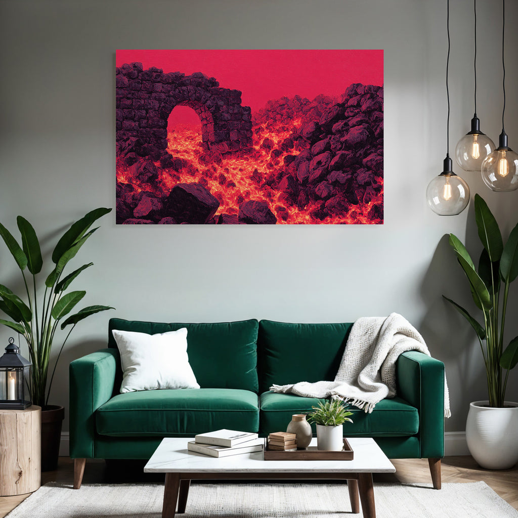Vulkanlandschaft Mit Steinbogen Und Gluhender Lava