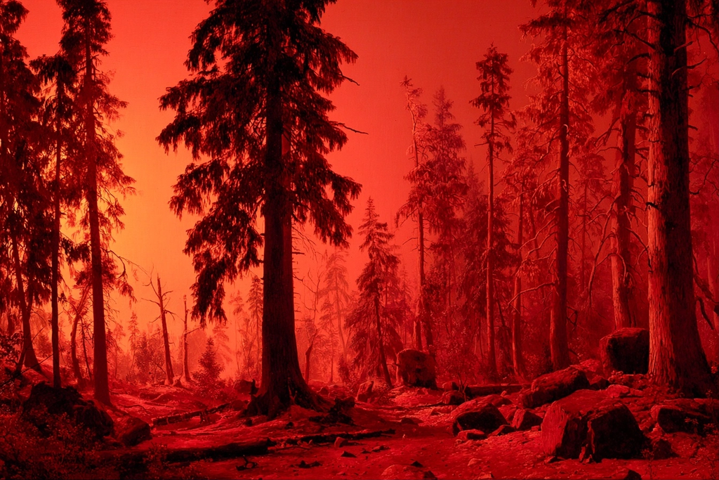 Waldlandschaft Mit Rotem Himmel | Feuer und Vulkane | Natur