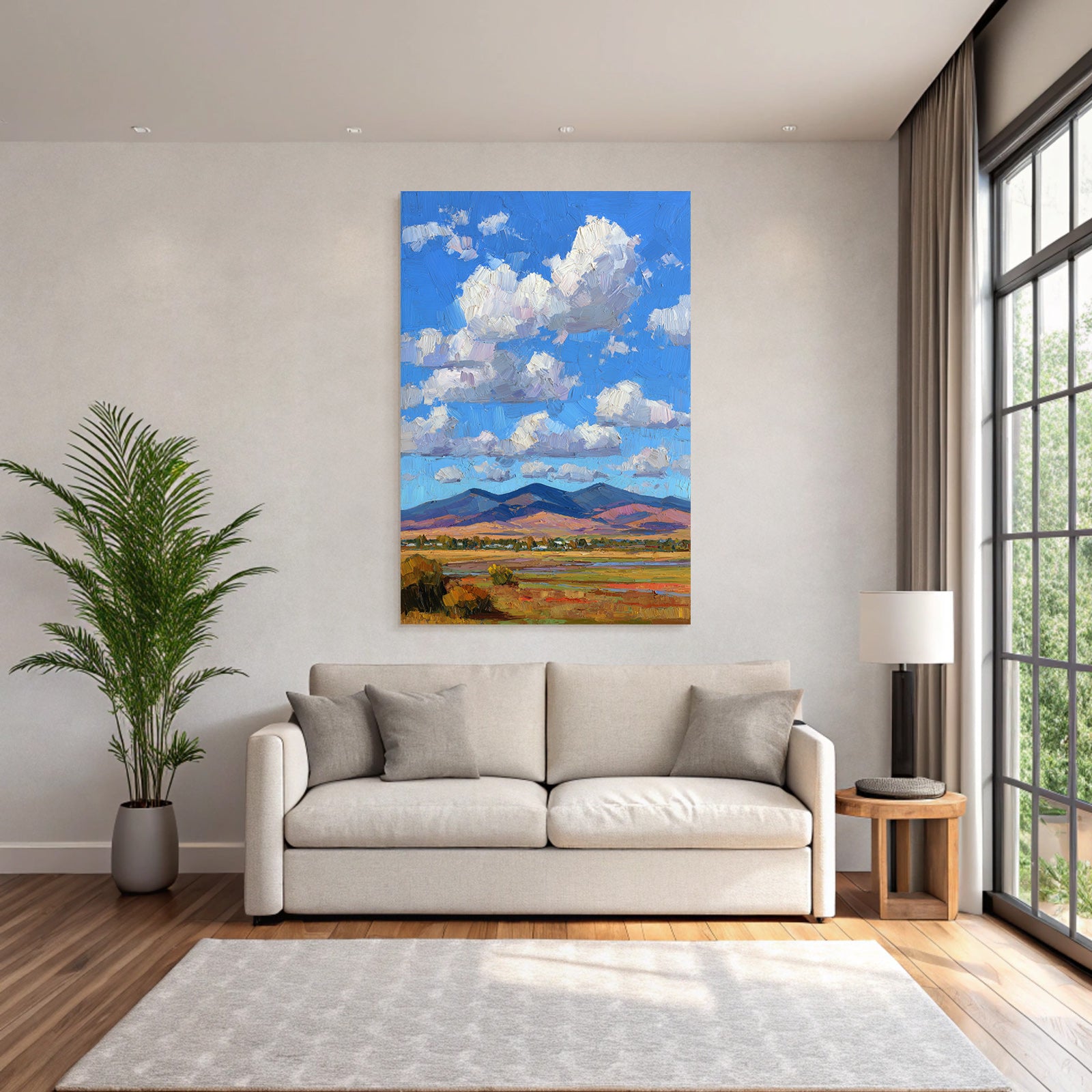 Impressionistische Landschaft Mit Rollenden Hügeln Grünen Wiesen Und Buntem Himmel