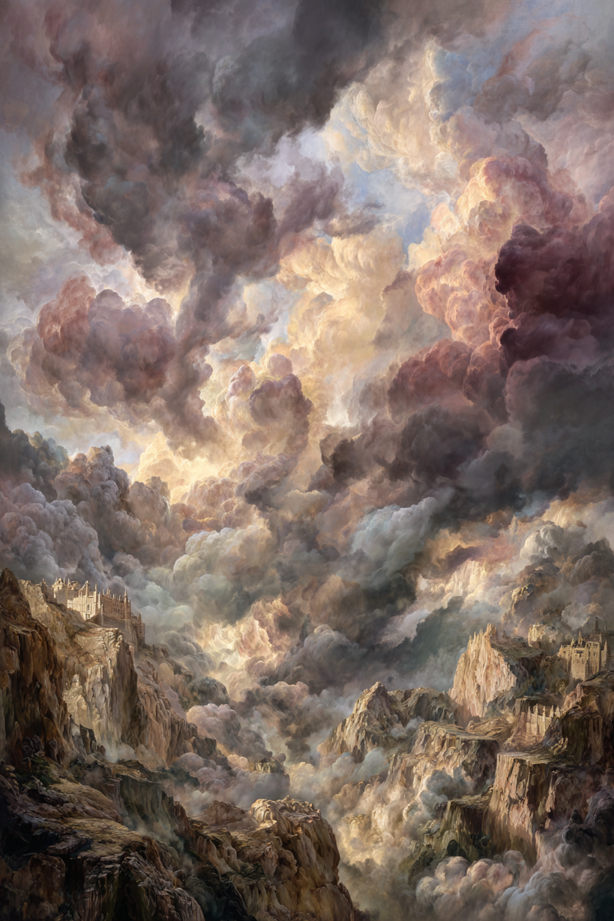 Mystische Burgen An Klippen Unter Farbenfrohen Wolken | Himmel und Wolken | Natur