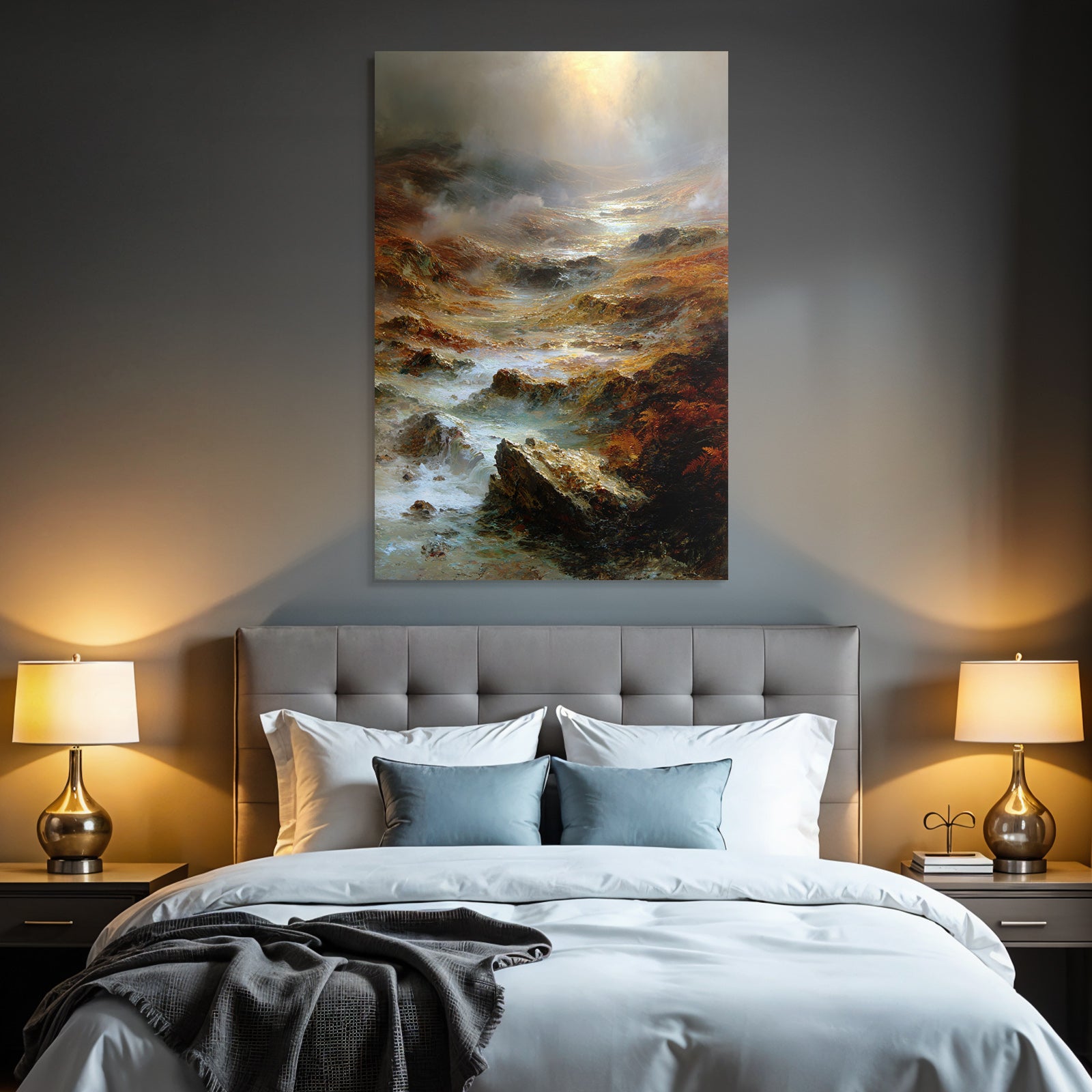 Stimmungsvolle Landschaft Mit Felsen Und Wasser Im Dämmerlicht