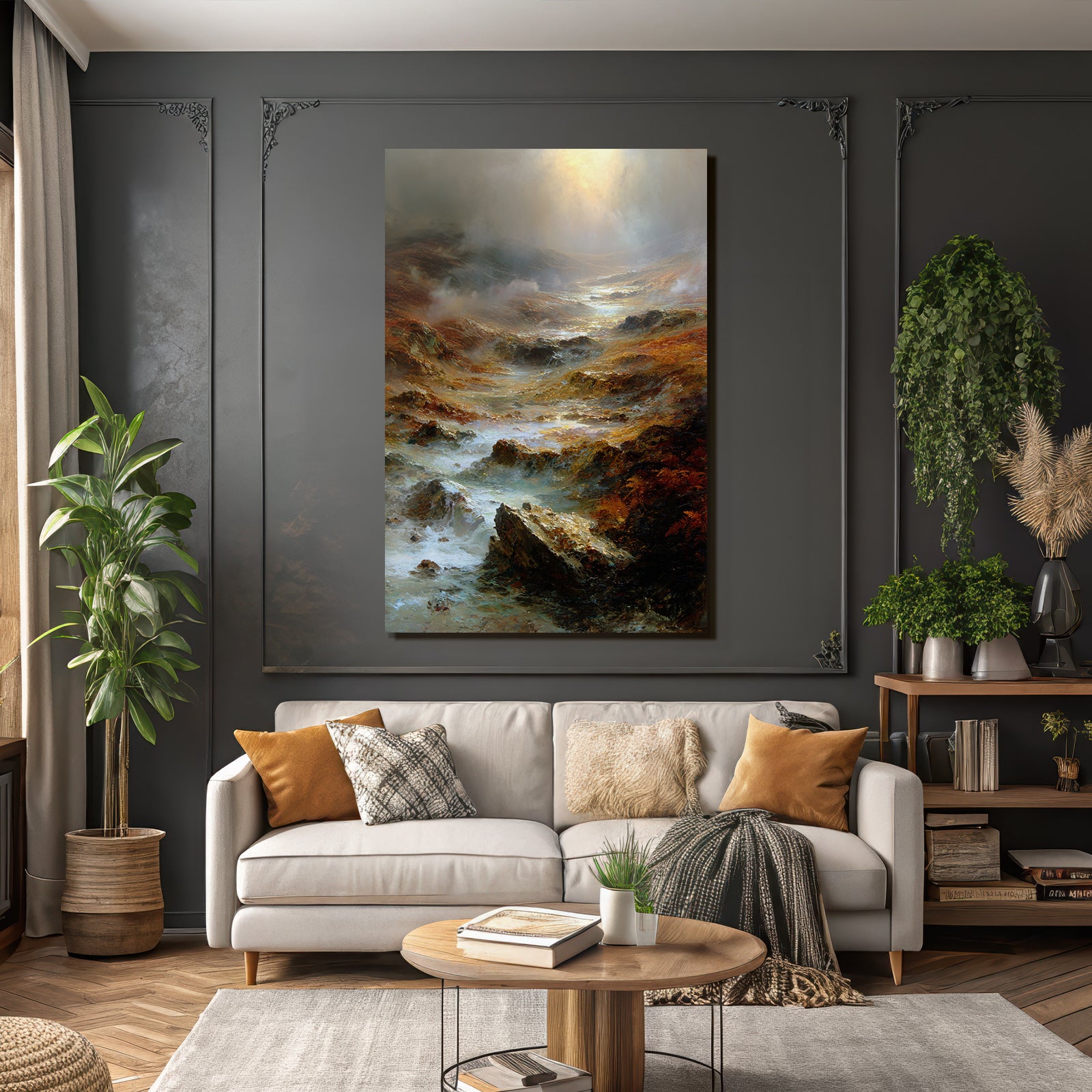 Stimmungsvolle Landschaft Mit Felsen Und Wasser Im Dämmerlicht