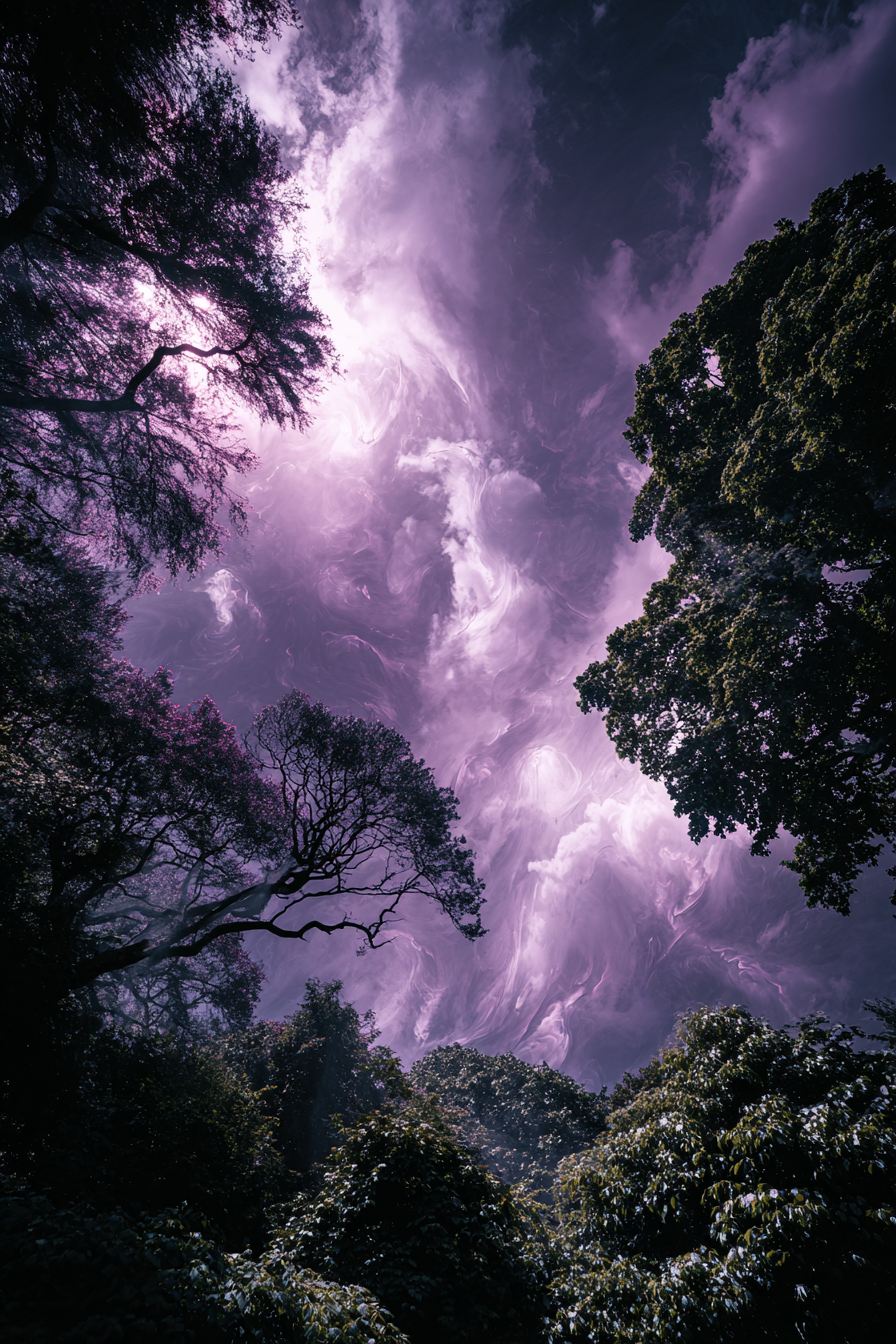 Üppiger Wald Unter Dramatischem Purpurfarbenem Himmel | Himmel und Wolken | Natur