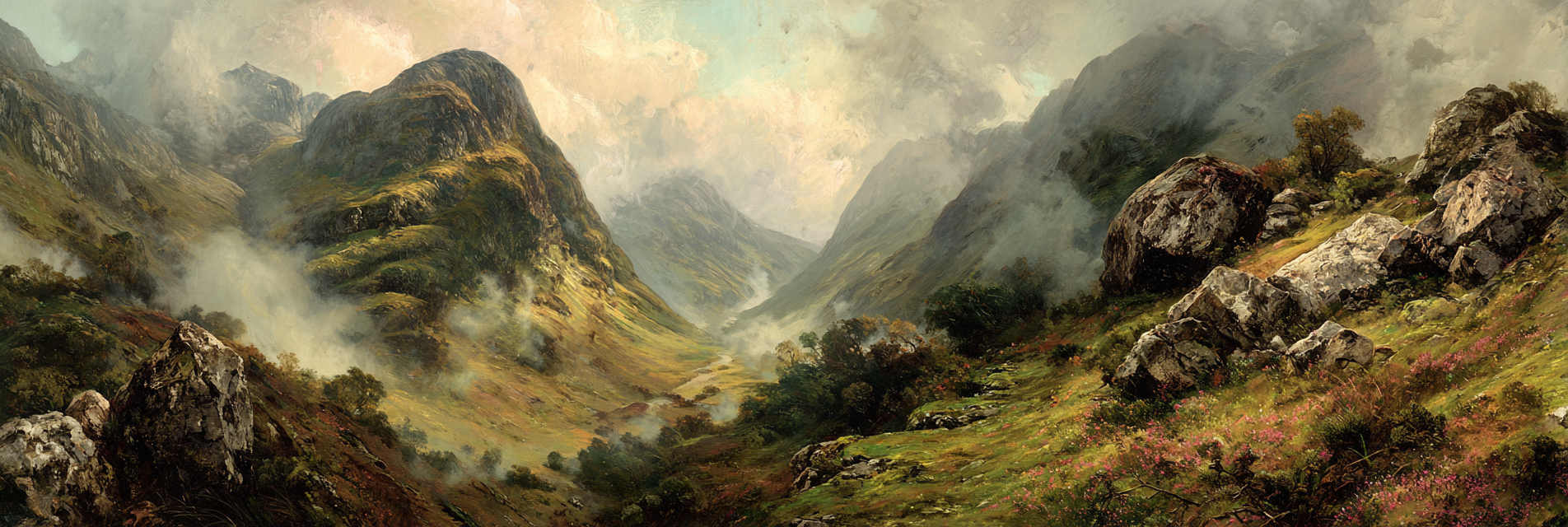 Berglandschaft Mit Grünen Tälern Nebel Und Felsformationen | Himmel und Wolken | Natur