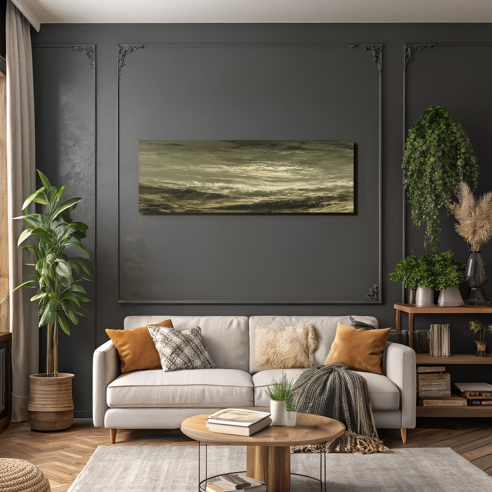 Dramatische Gebirgslandschaft Unter Turbulentem Himmel In Sepia