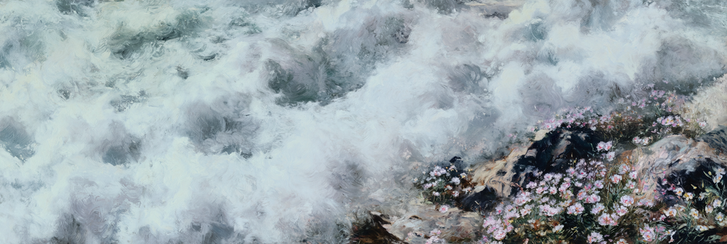 Turbulente Meereswellen Und Bunte Blumen Auf Felsigem Gelände | Himmel und Wolken | Natur