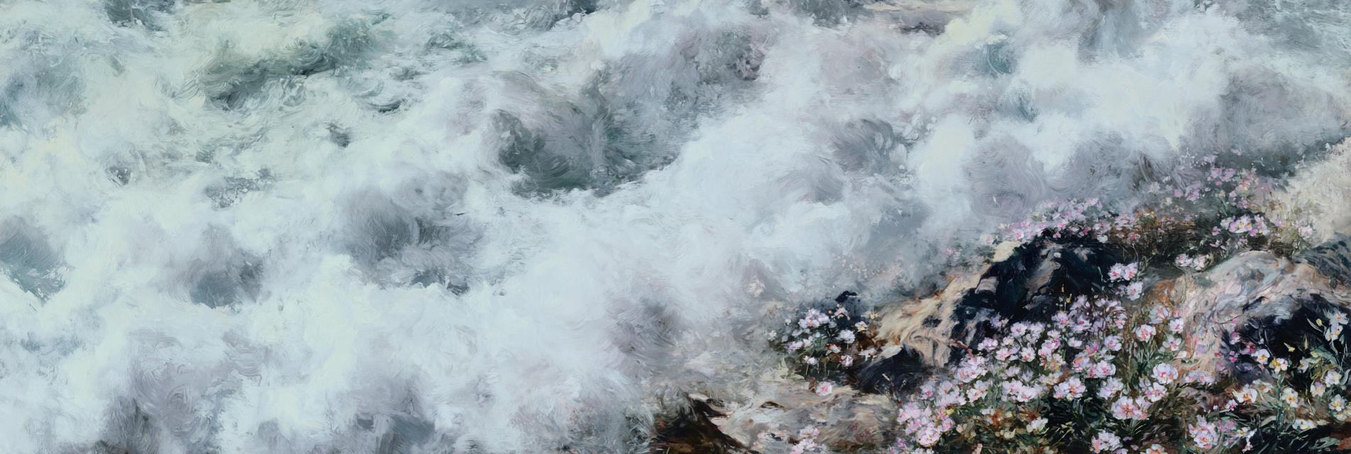 Turbulente Meereswellen Und Bunte Blumen Auf Felsigem Gelände | Himmel und Wolken | Natur