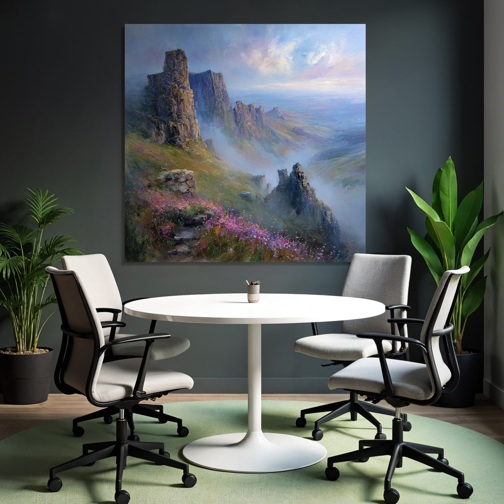 Felsformationen Im Morgennebel Mit Bunten Wildblumen