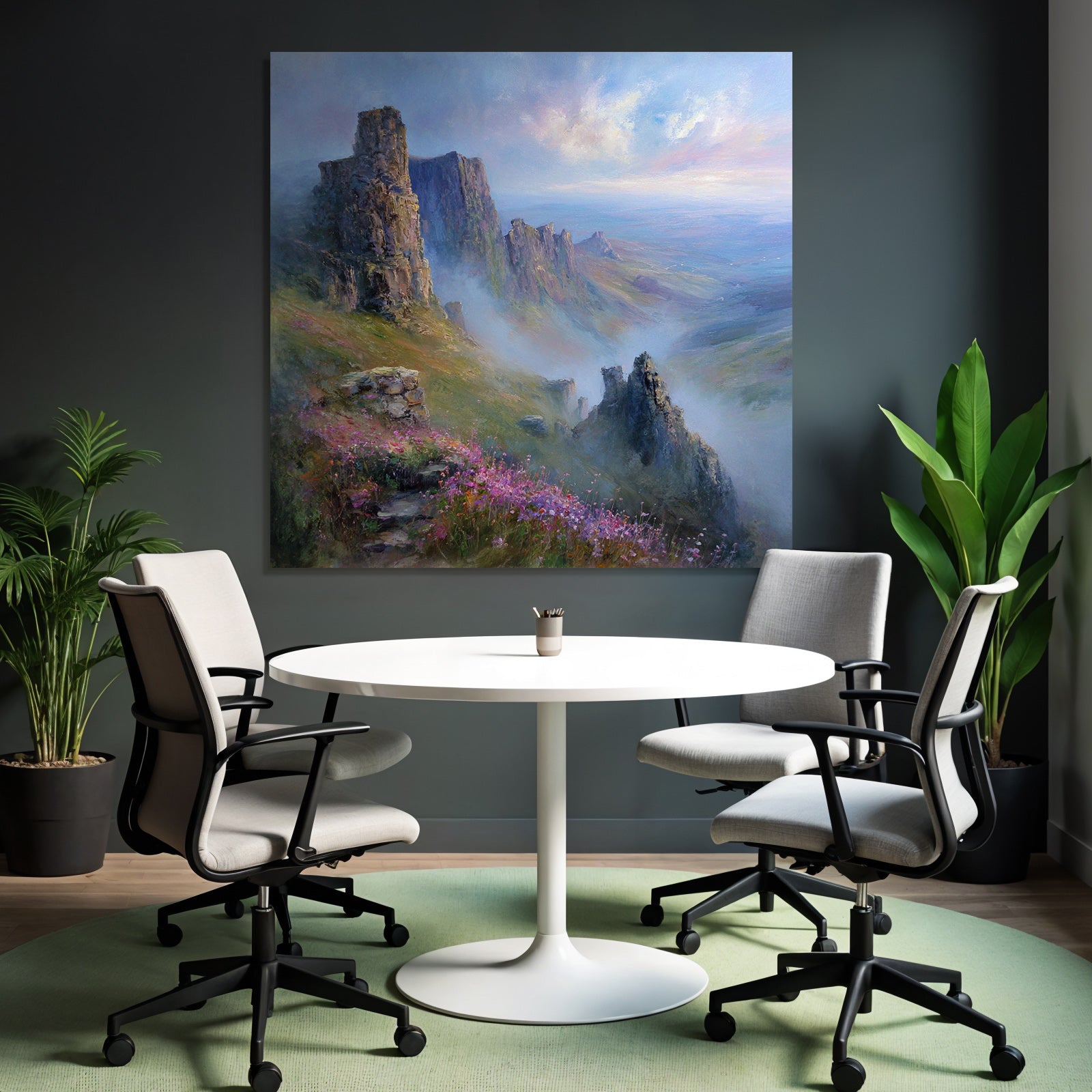 Felsformationen Im Morgennebel Mit Bunten Wildblumen