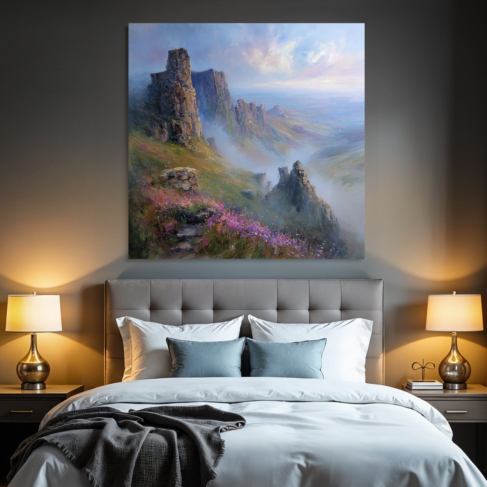 Felsformationen Im Morgennebel Mit Bunten Wildblumen