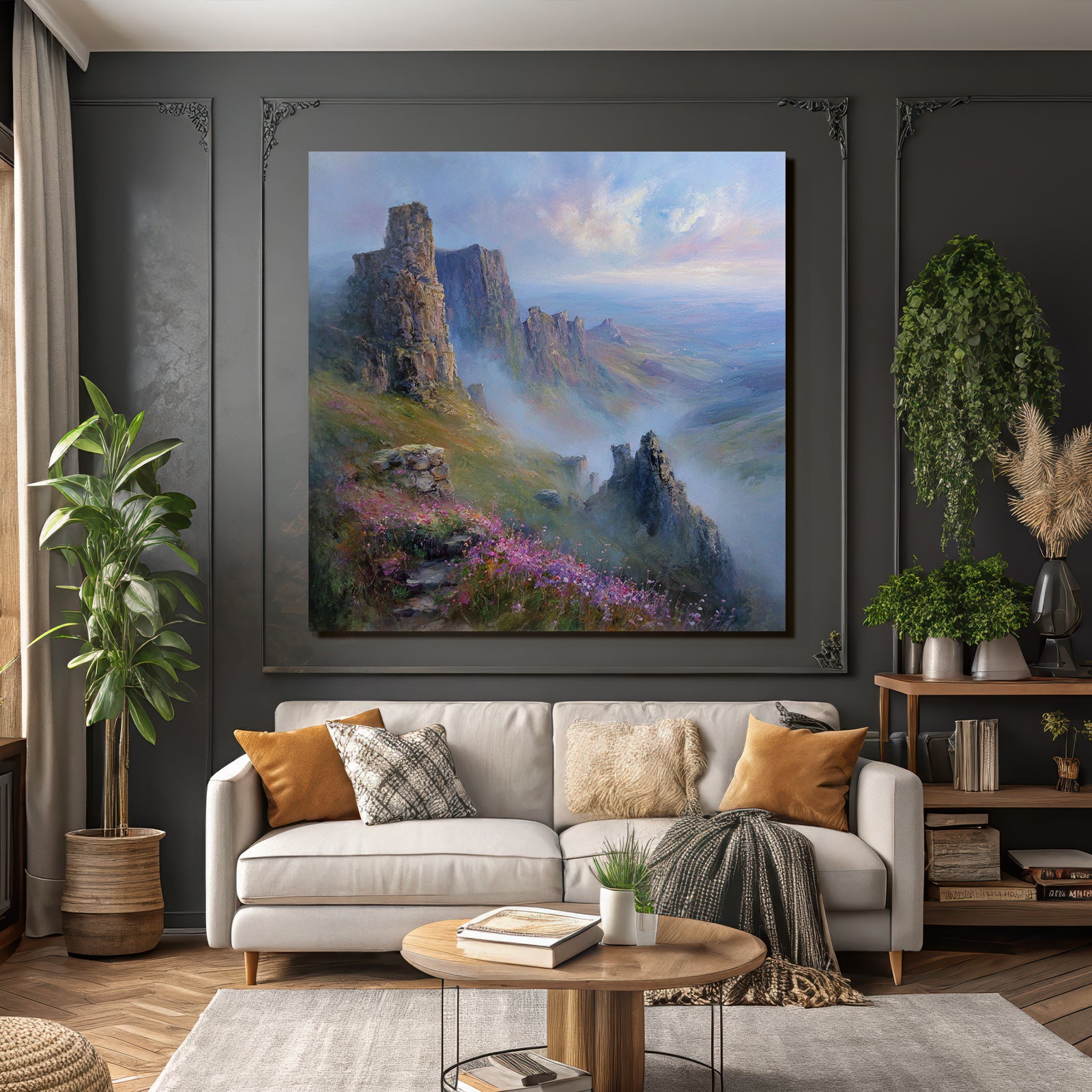 Felsformationen Im Morgennebel Mit Bunten Wildblumen