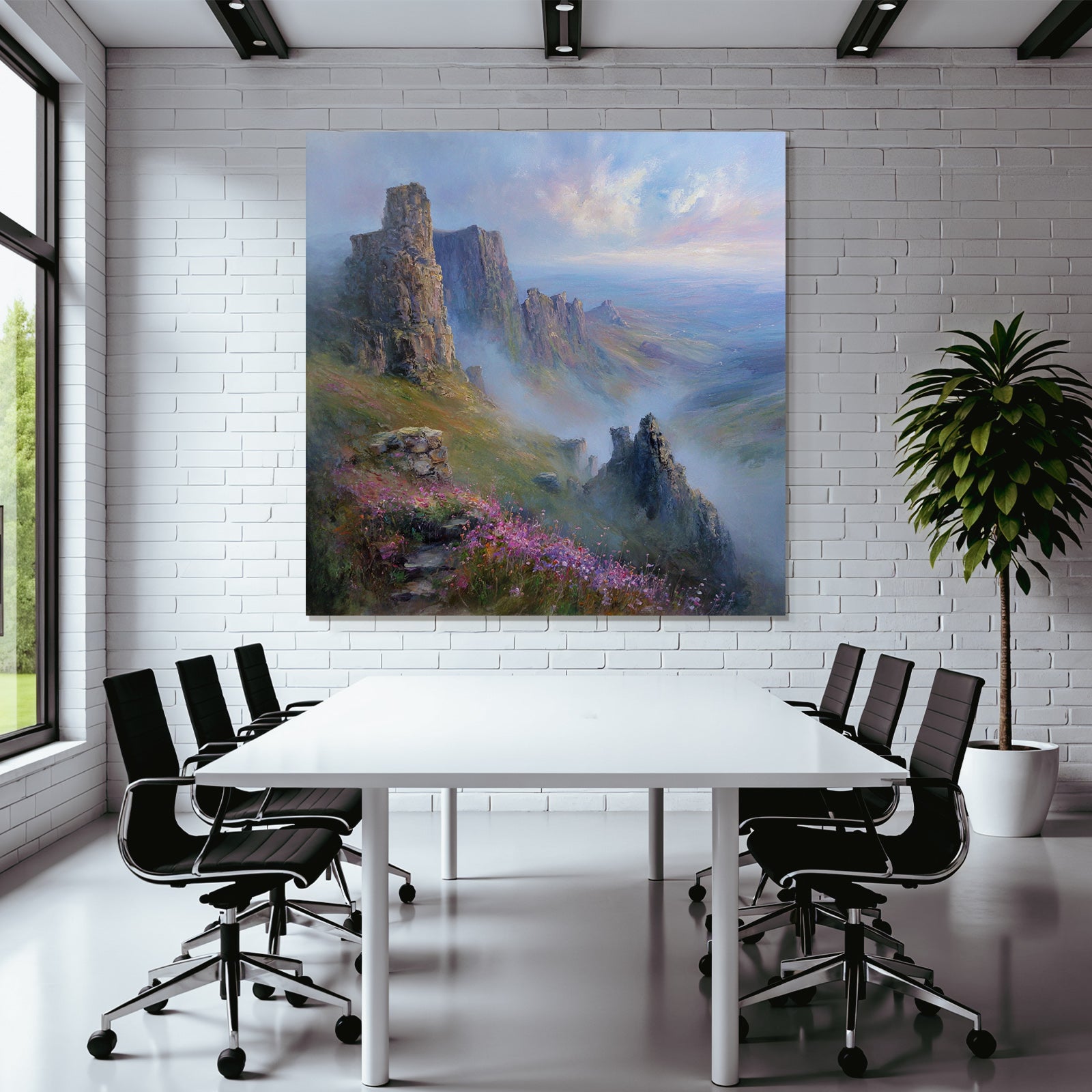 Felsformationen Im Morgennebel Mit Bunten Wildblumen