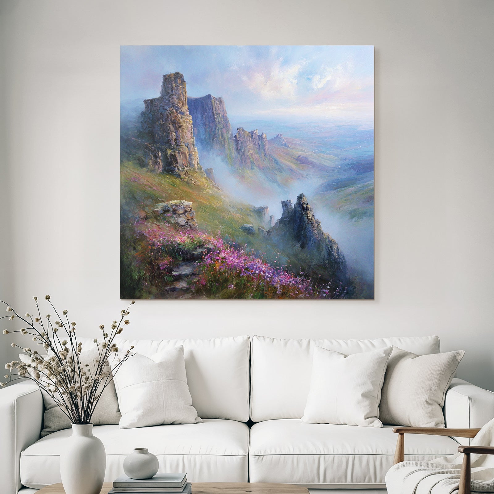 Felsformationen Im Morgennebel Mit Bunten Wildblumen