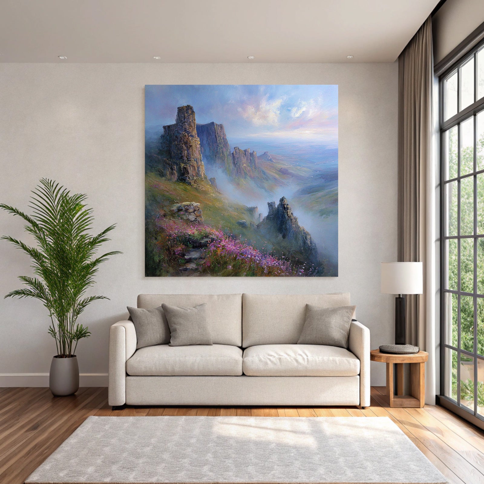 Felsformationen Im Morgennebel Mit Bunten Wildblumen