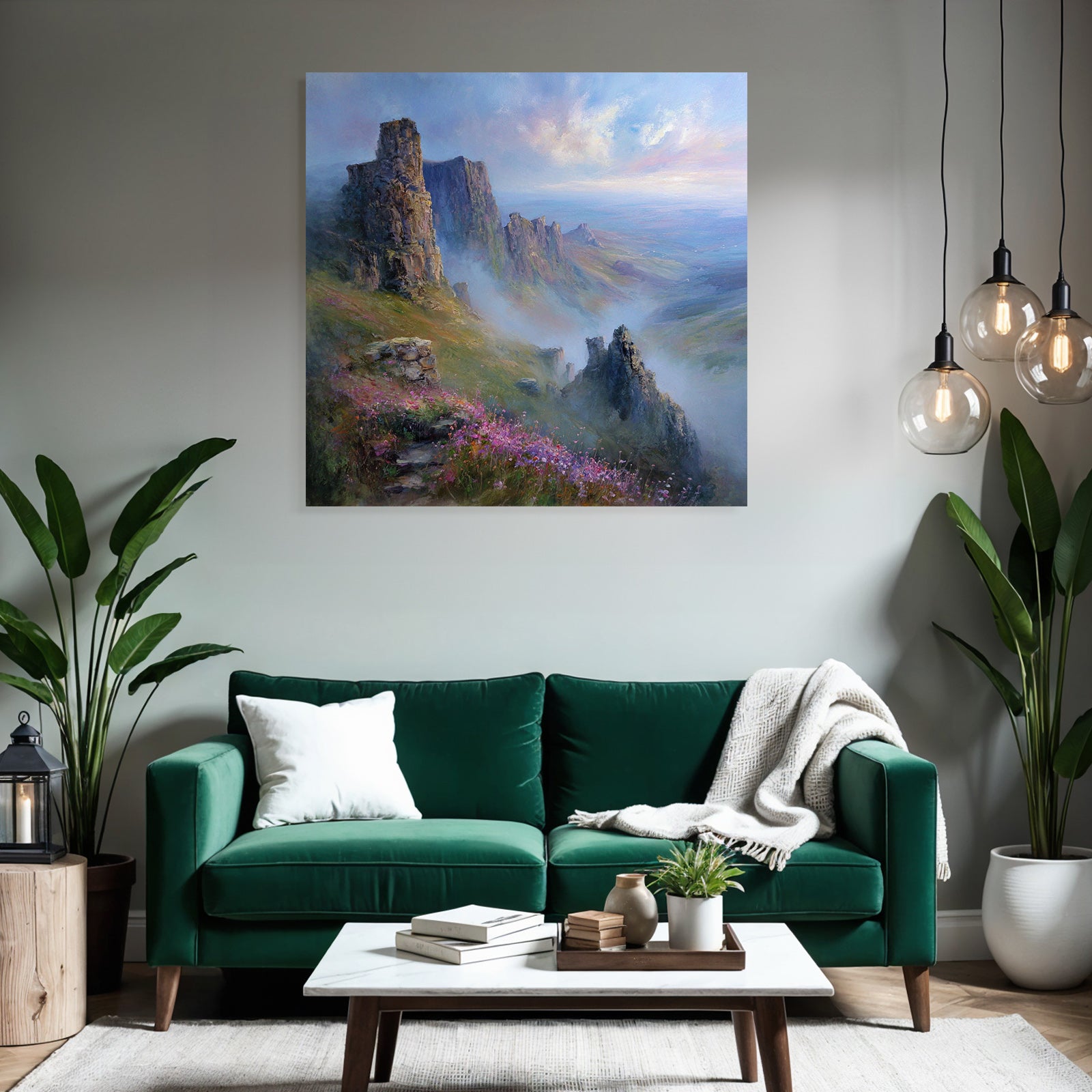 Felsformationen Im Morgennebel Mit Bunten Wildblumen